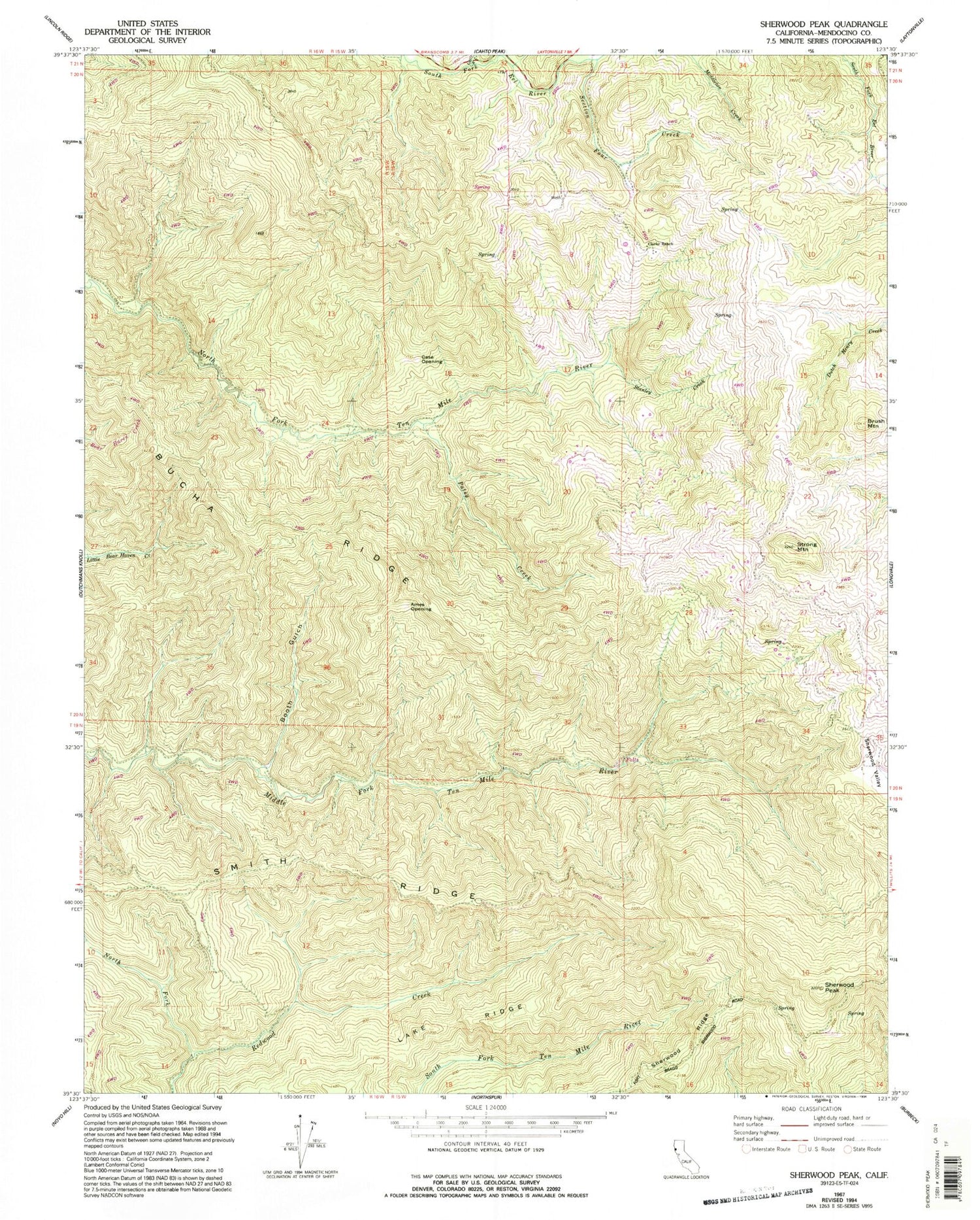Classic USGS Sherwood Peak California 7.5'x7.5' Topo Map Image