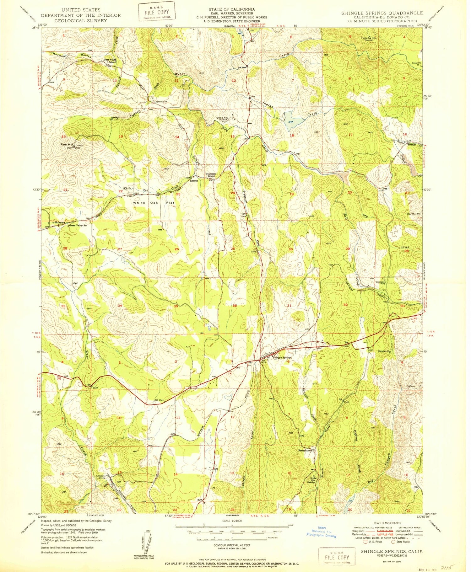 Classic USGS Shingle Springs California 7.5'x7.5' Topo Map Image