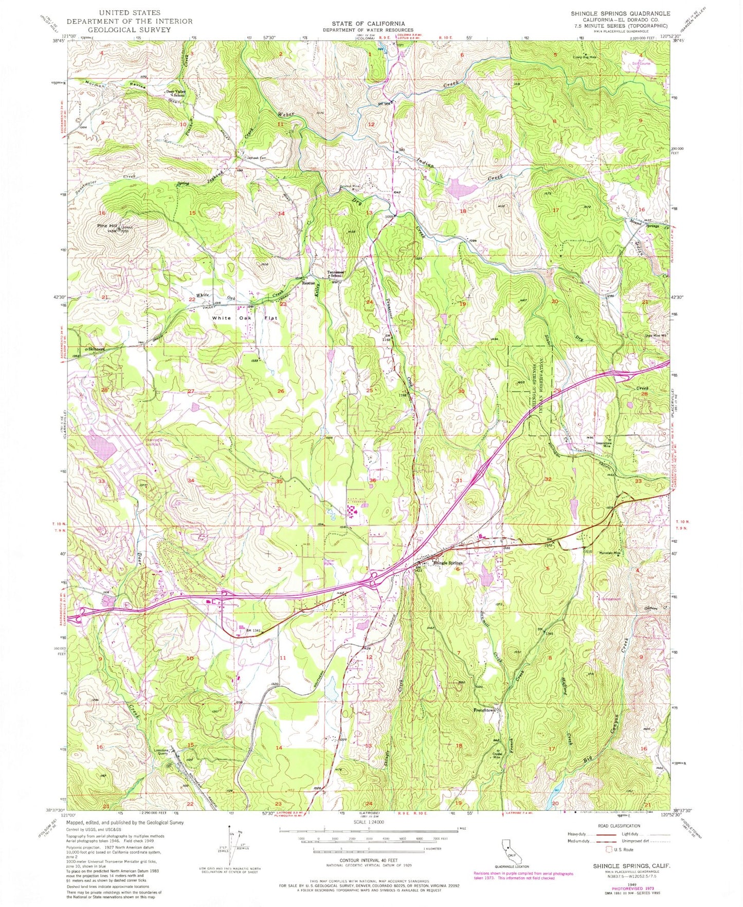 Classic USGS Shingle Springs California 7.5'x7.5' Topo Map Image