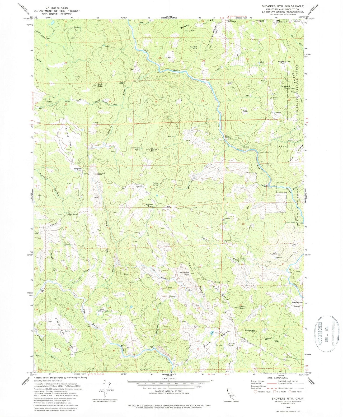 Classic USGS Showers Mountain California 7.5'x7.5' Topo Map Image