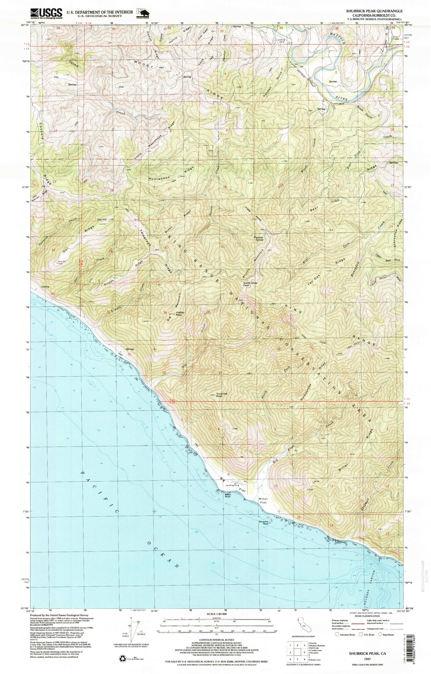 Classic USGS Shubrick Peak California 7.5'x7.5' Topo Map Image
