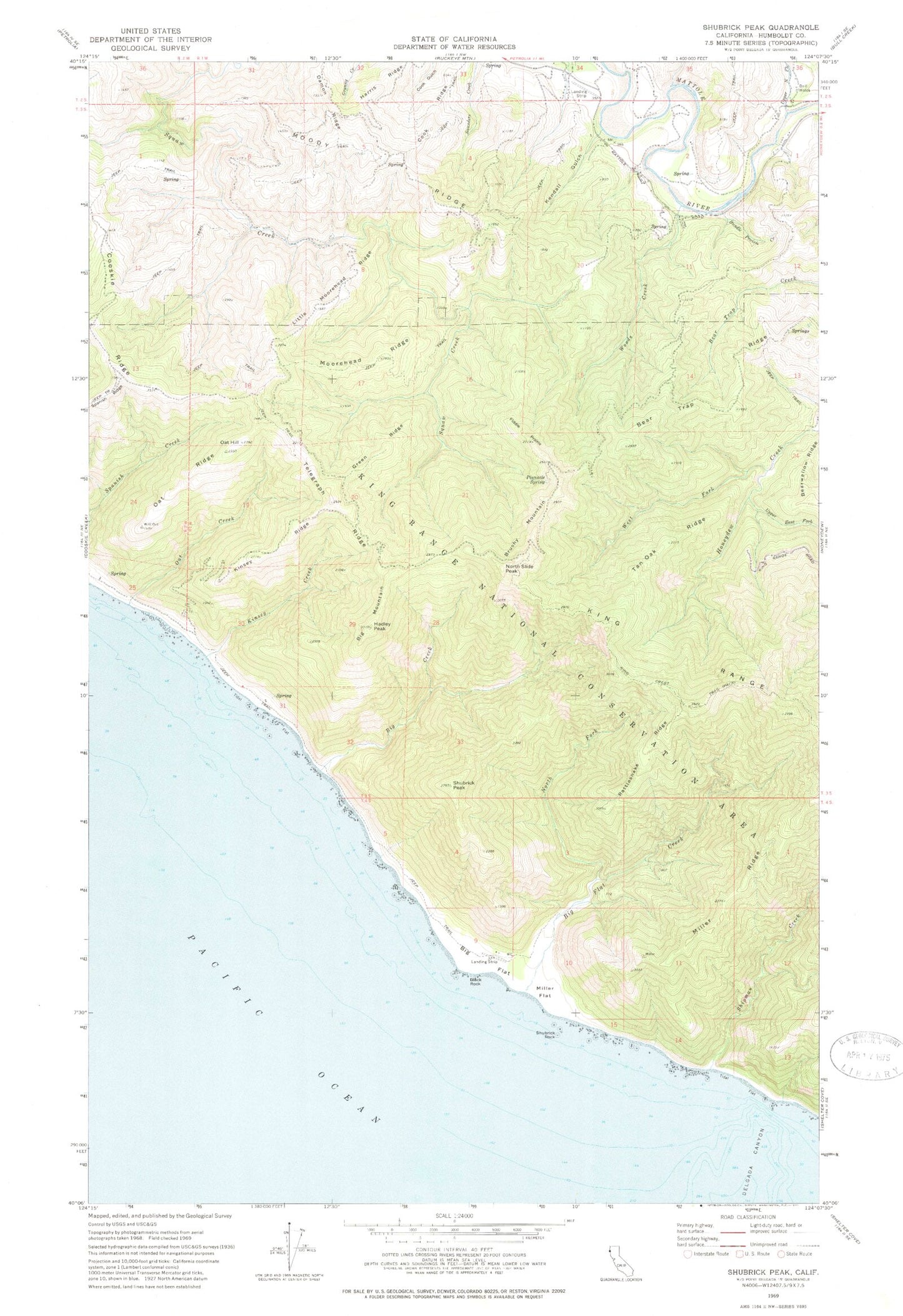 Classic USGS Shubrick Peak California 7.5'x7.5' Topo Map Image