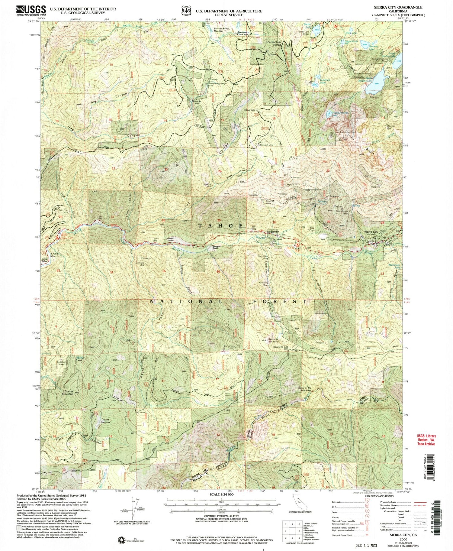 Classic USGS Sierra City California 7.5'x7.5' Topo Map Image