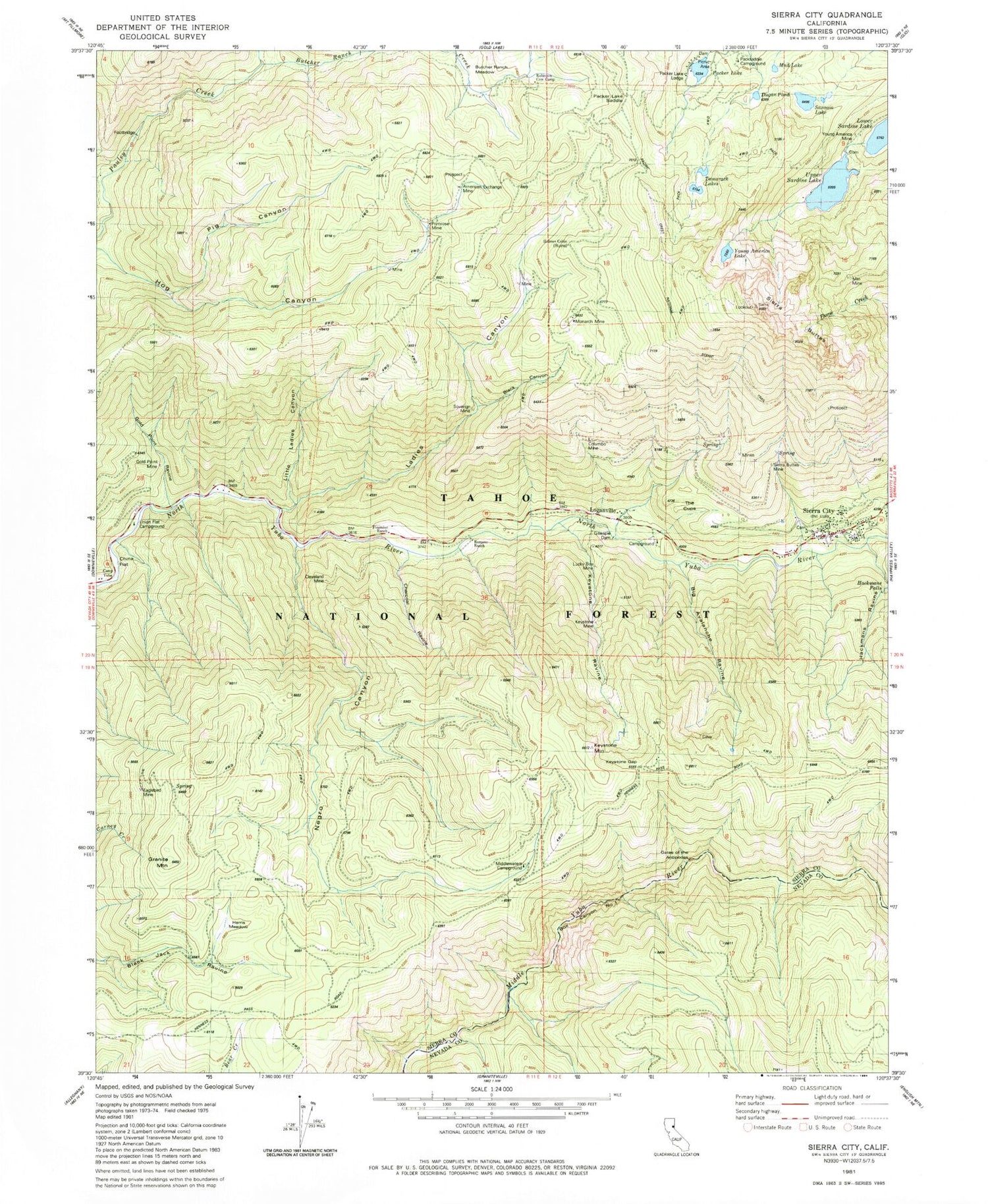 Classic USGS Sierra City California 7.5'x7.5' Topo Map Image
