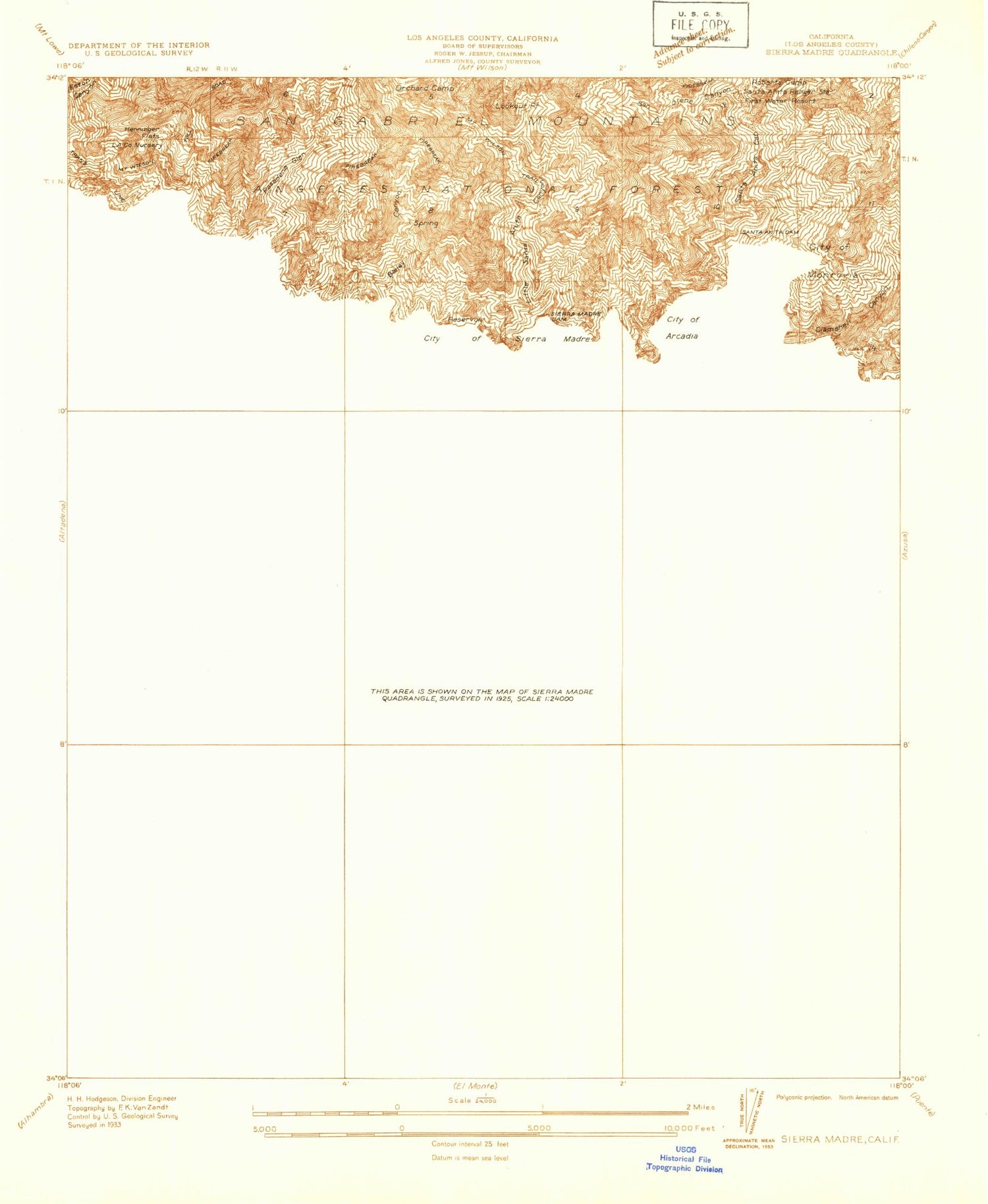 Classic USGS Sierra Madre California 7.5'x7.5' Topo Map Image