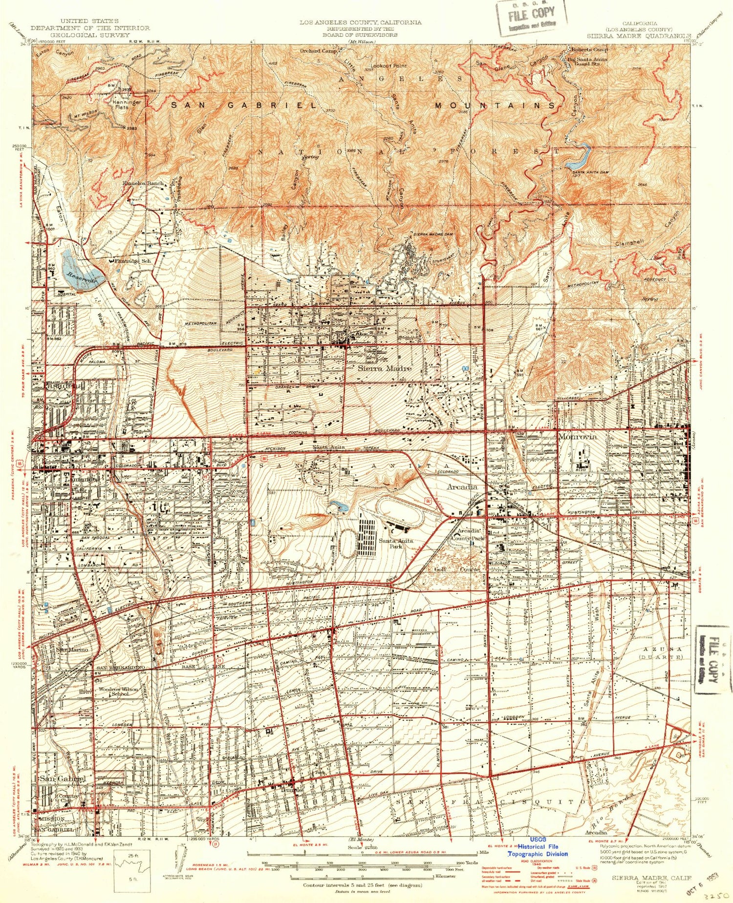 Classic USGS Sierra Madre California 7.5'x7.5' Topo Map Image