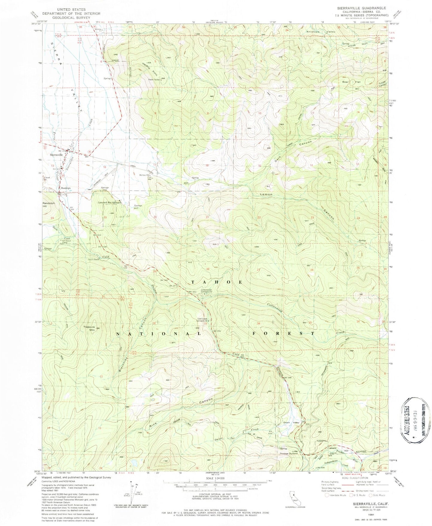 Classic USGS Sierraville California 7.5'x7.5' Topo Map Image