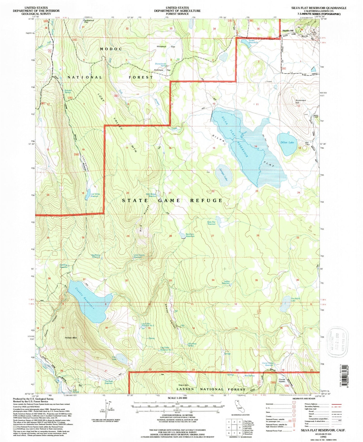 Classic USGS Silva Flat Reservoir California 7.5'x7.5' Topo Map Image