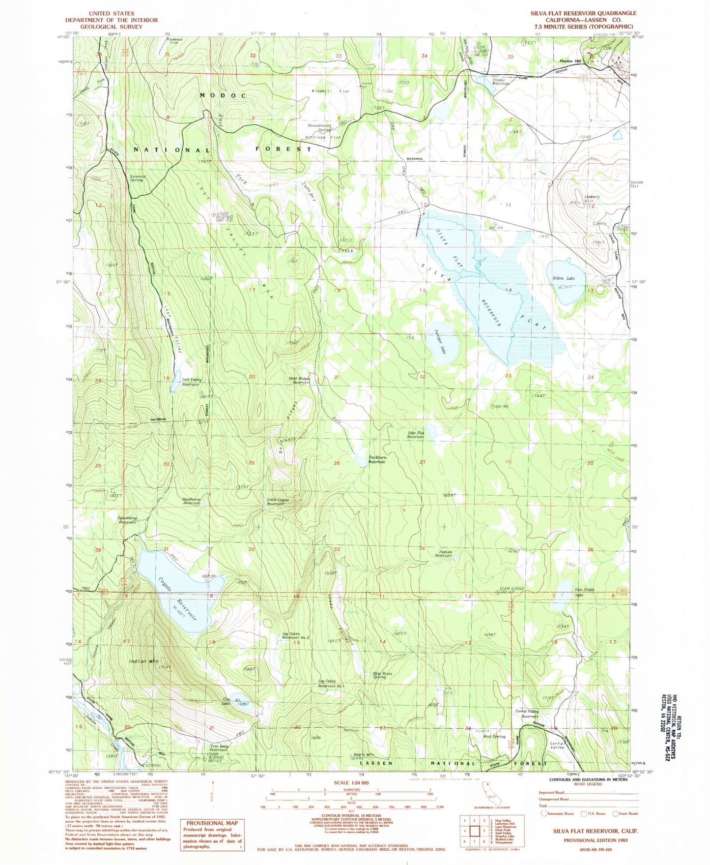 Classic USGS Silva Flat Reservoir California 7.5'x7.5' Topo Map Image