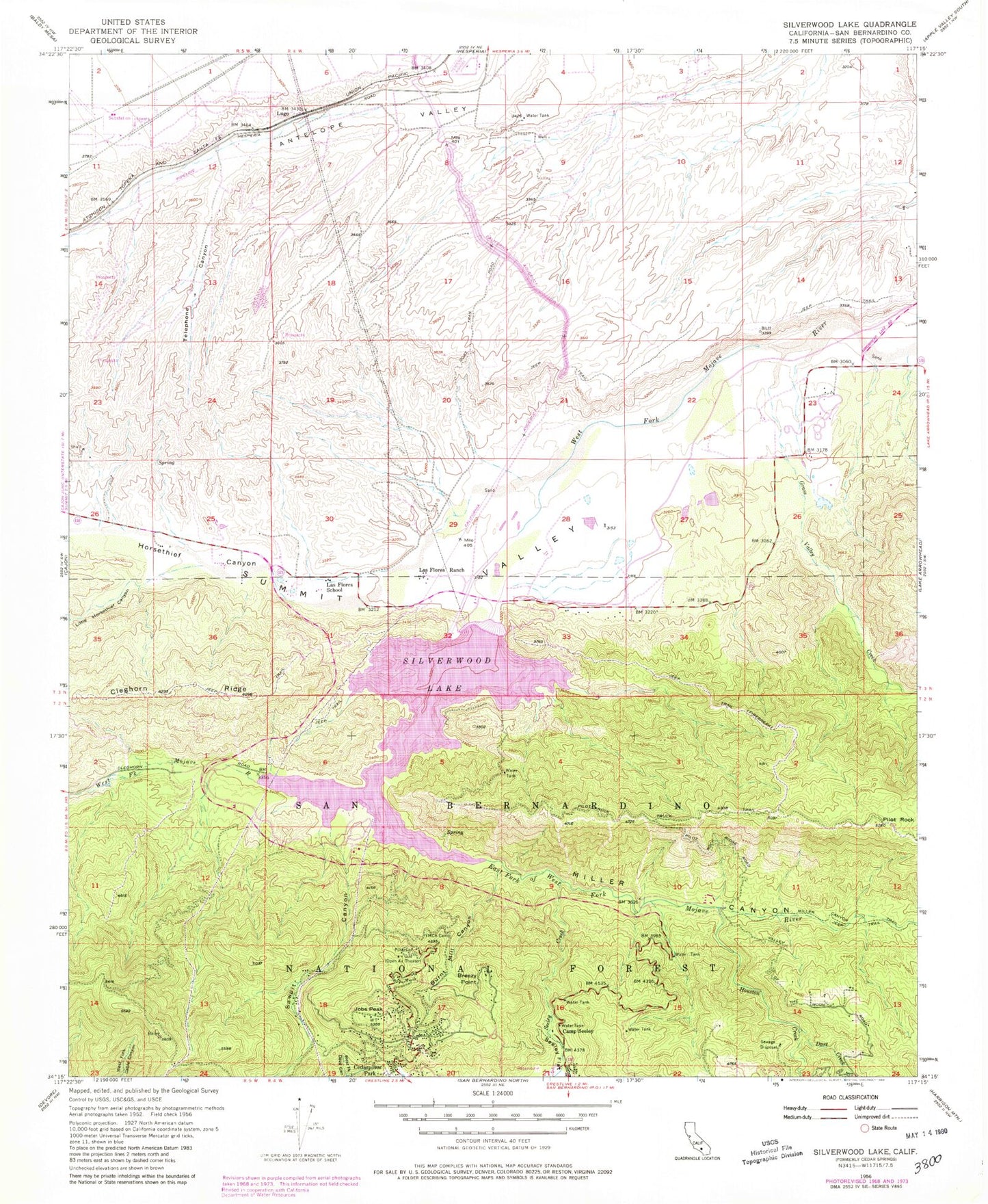 Classic USGS Silverwood Lake California 7.5'x7.5' Topo Map Image
