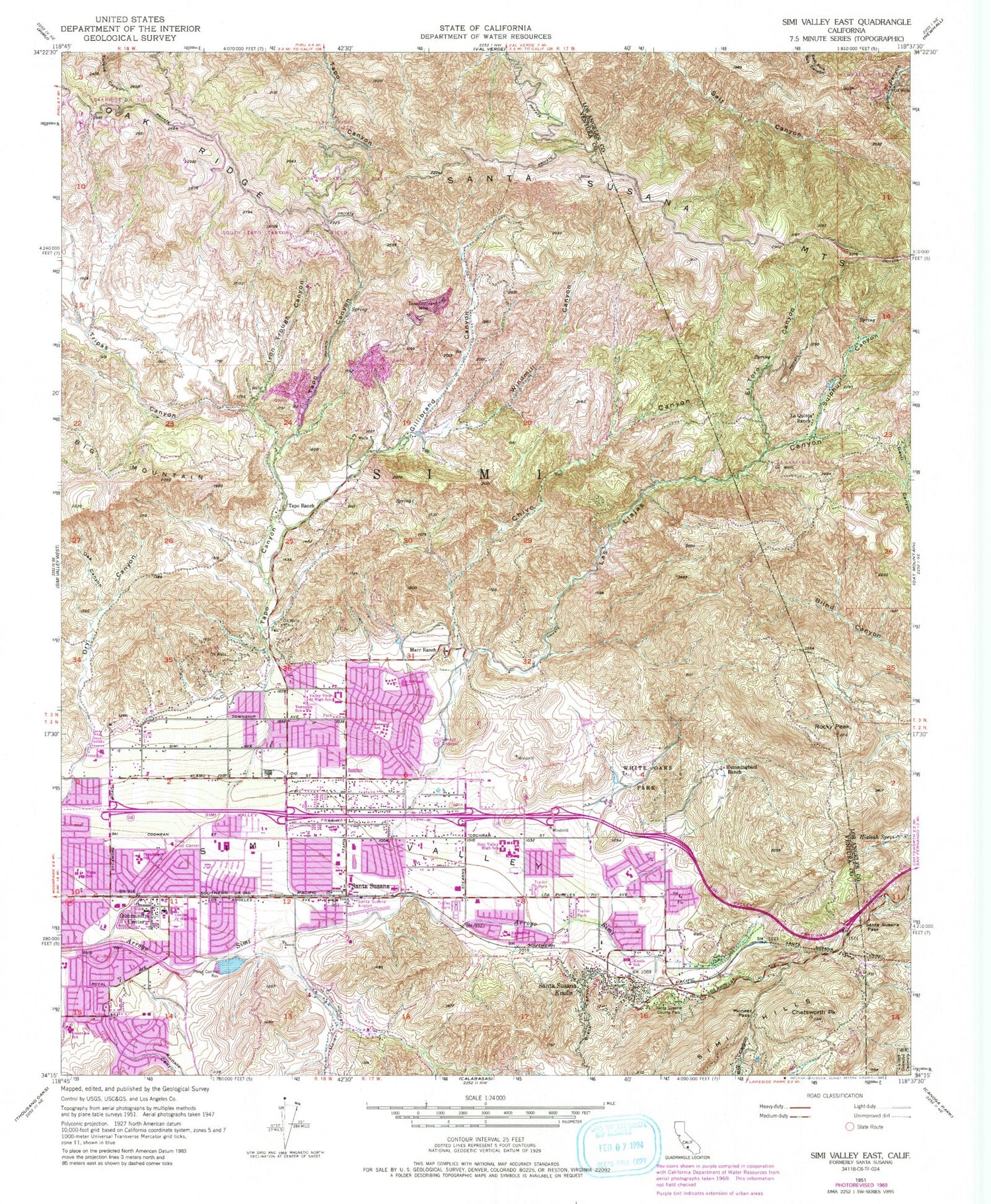 Classic USGS Simi Valley East California 7.5'x7.5' Topo Map Image