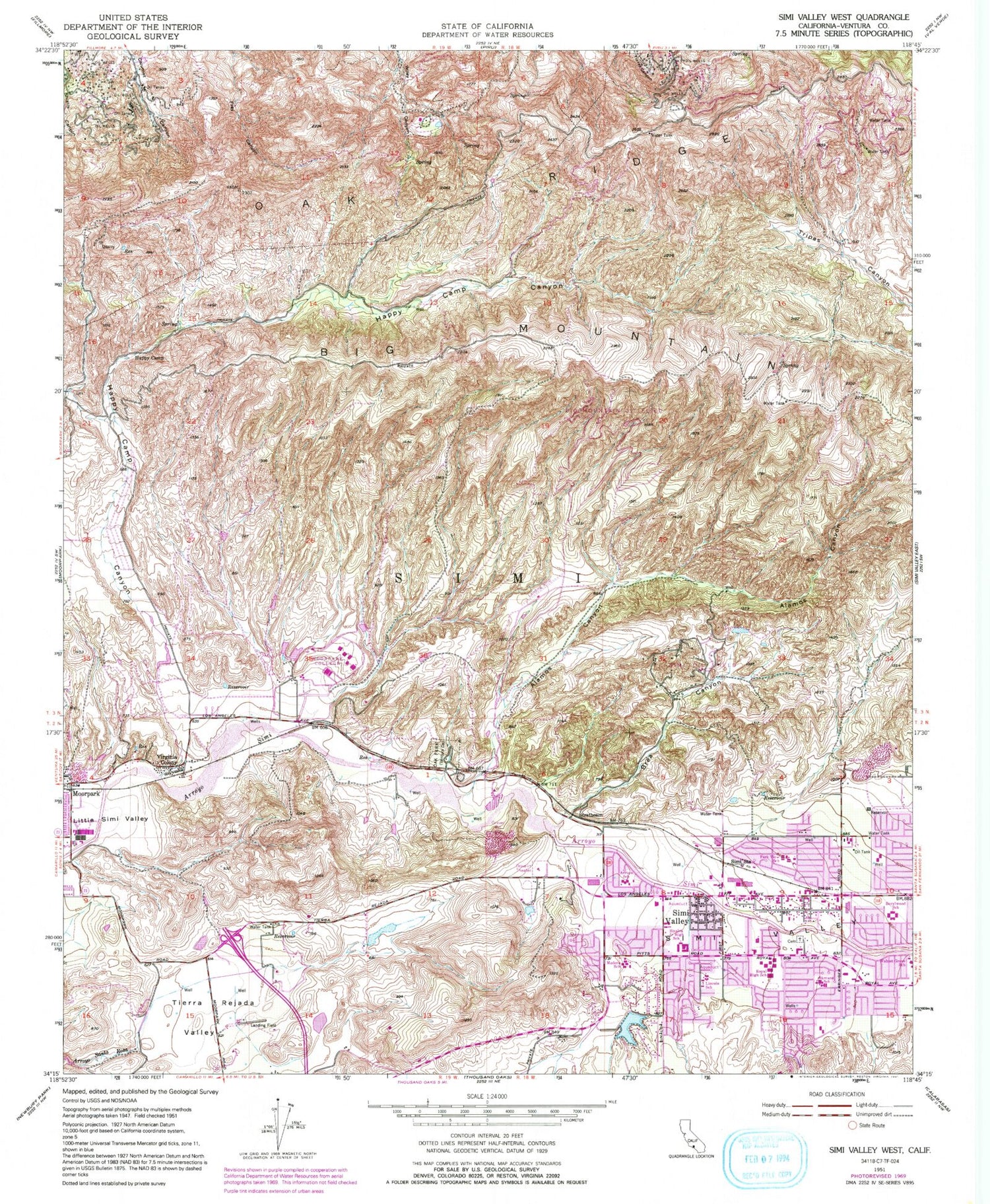 Classic USGS Simi Valley West California 7.5'x7.5' Topo Map Image