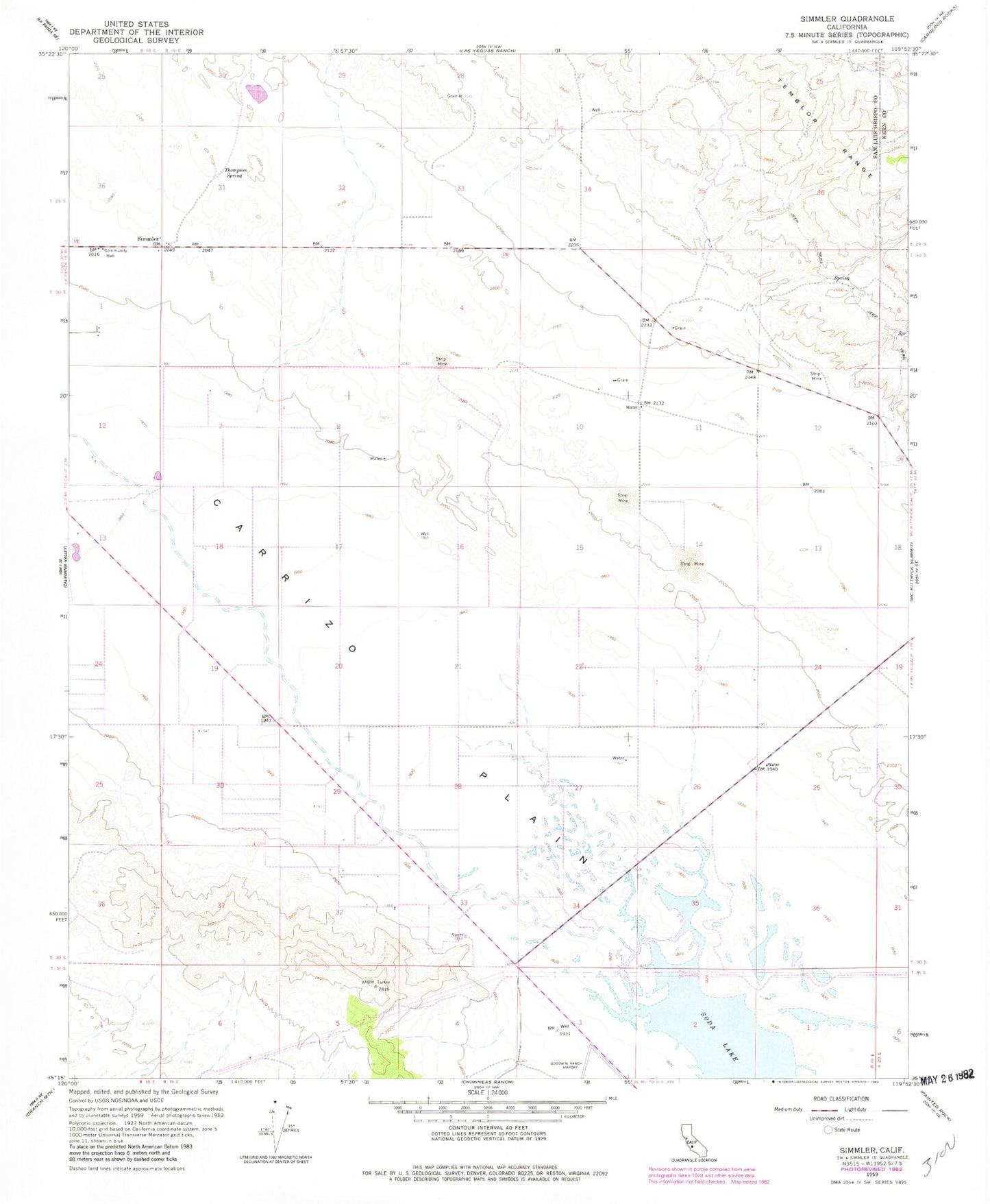 Classic USGS Simmler California 7.5'x7.5' Topo Map Image