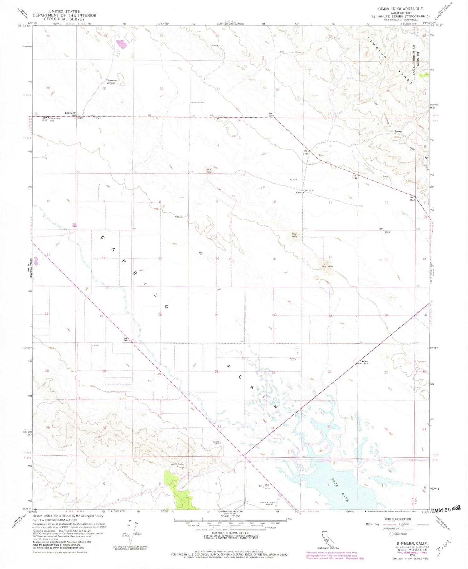 Classic USGS Simmler California 7.5'x7.5' Topo Map Image