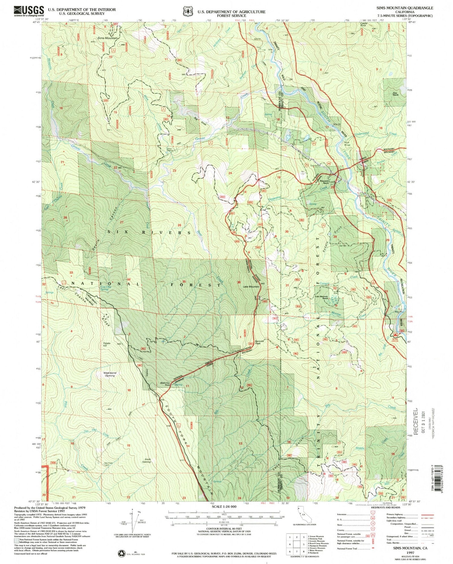 Classic USGS Sims Mountain California 7.5'x7.5' Topo Map Image