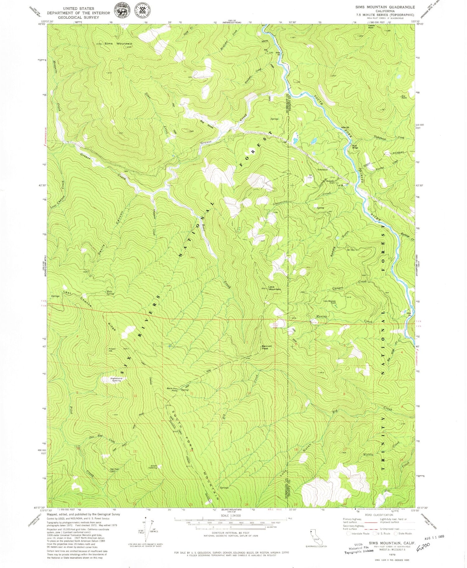 Classic USGS Sims Mountain California 7.5'x7.5' Topo Map Image