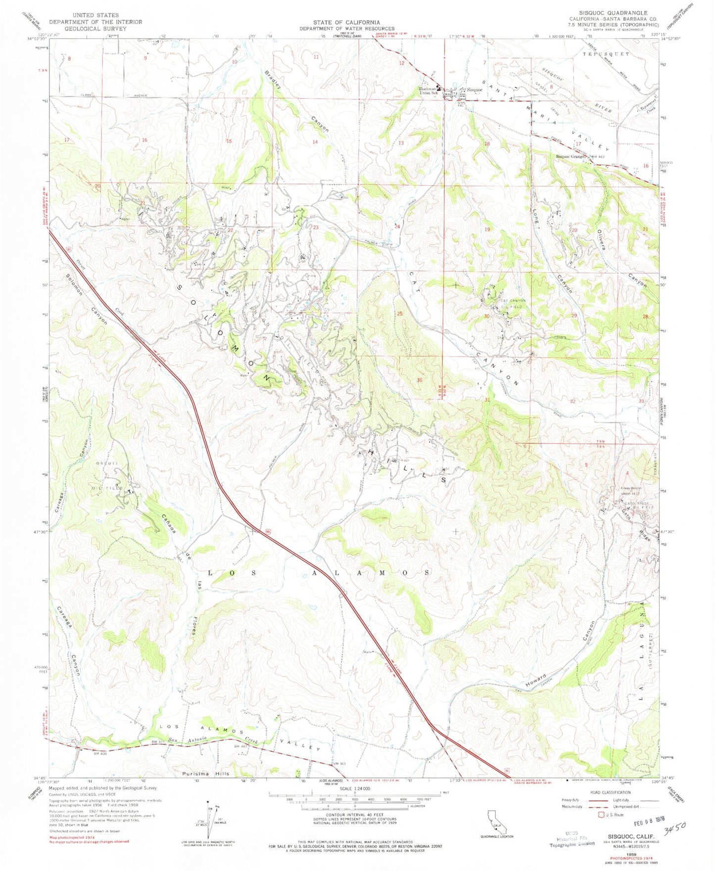 Classic USGS Sisquoc California 7.5'x7.5' Topo Map Image