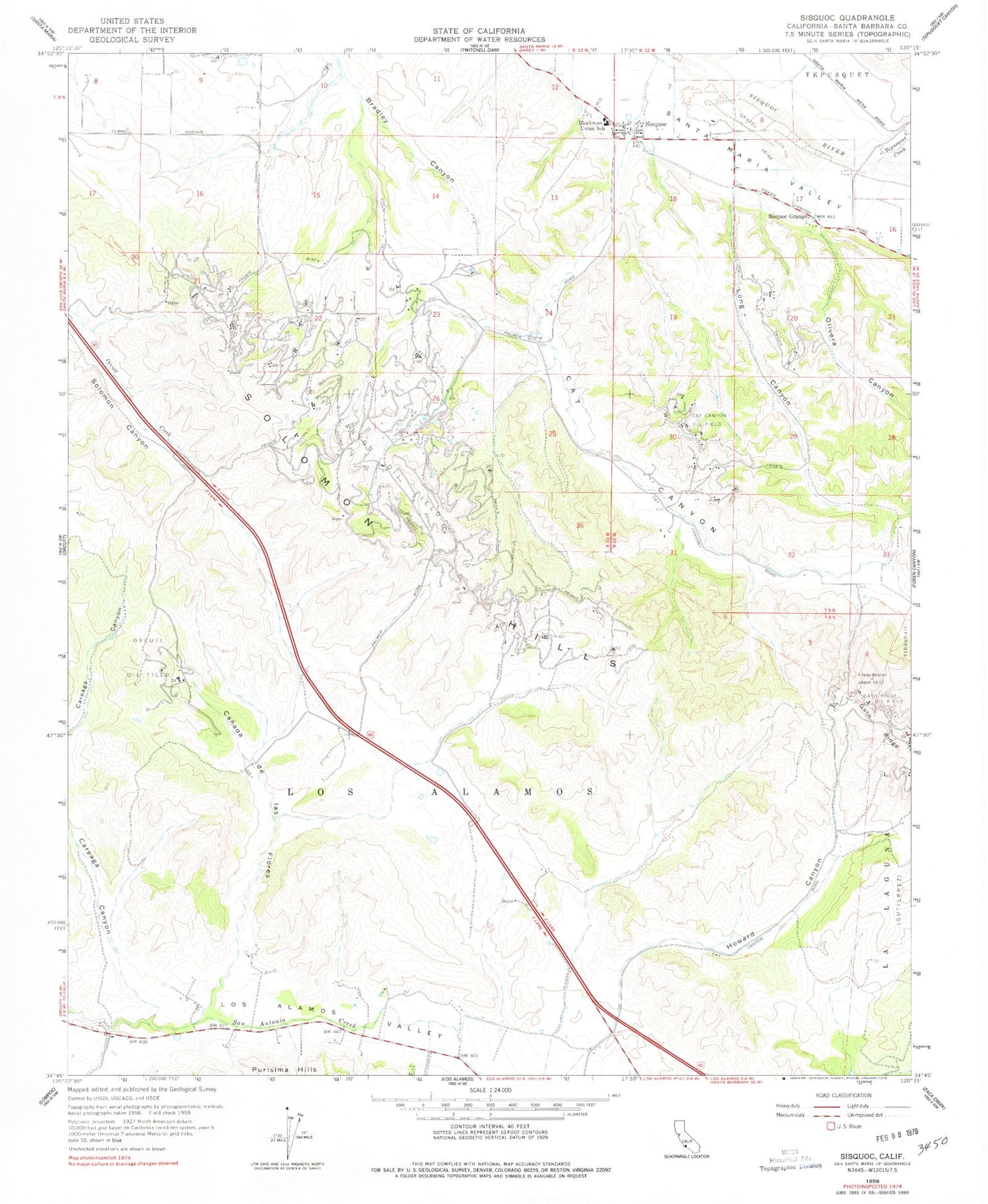 Classic USGS Sisquoc California 7.5'x7.5' Topo Map Image