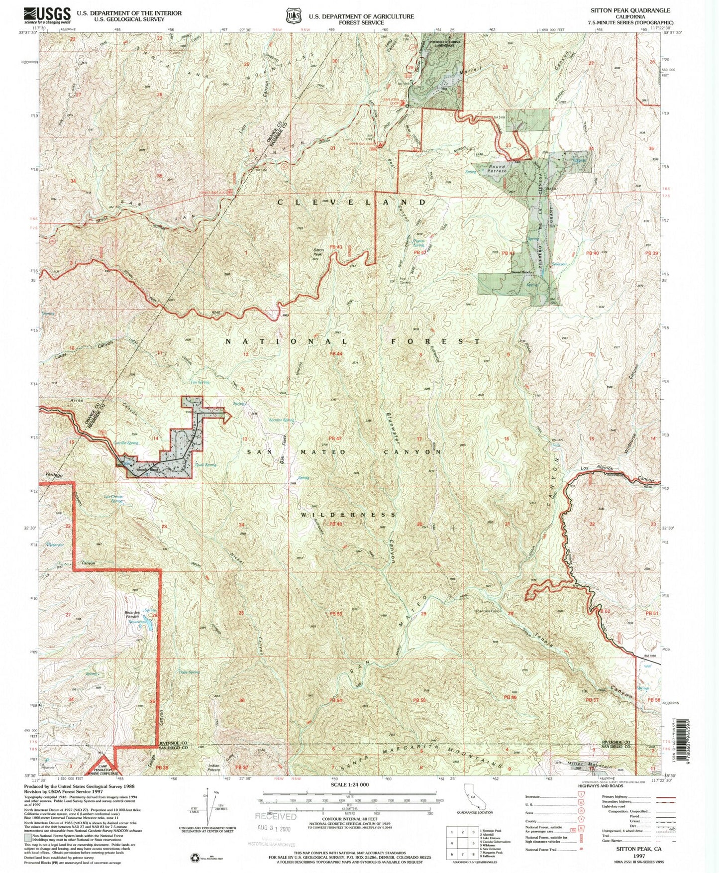 Classic USGS Sitton Peak California 7.5'x7.5' Topo Map Image