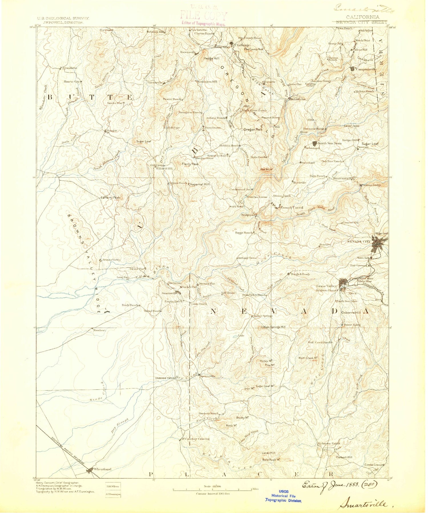 Historic 1888 Smartsville California 30'x30' Topo Map Image