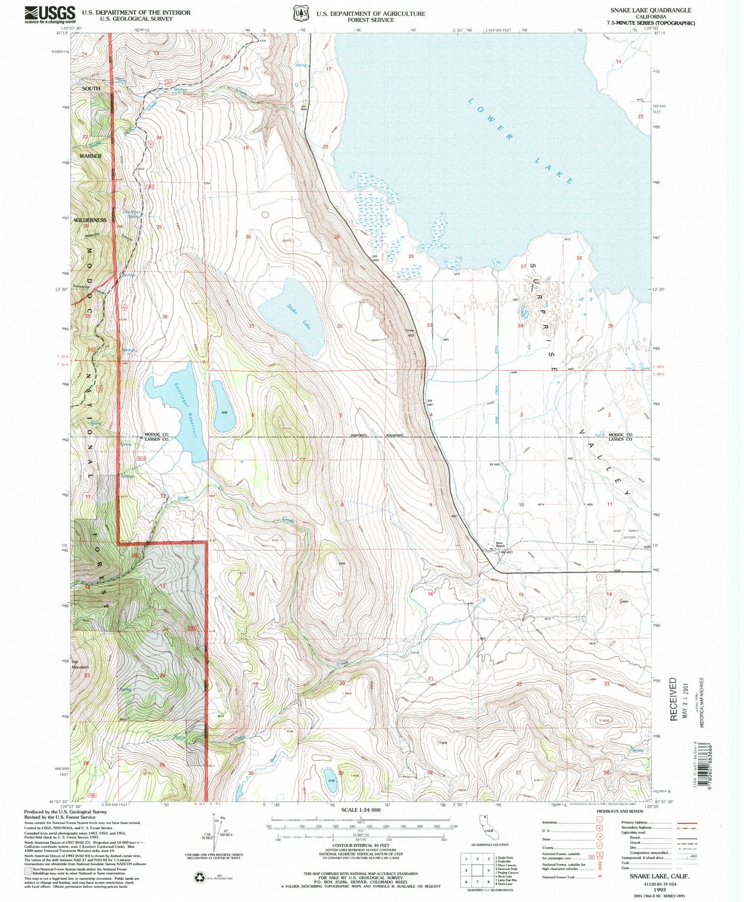 Classic USGS Snake Lake California 7.5'x7.5' Topo Map Image