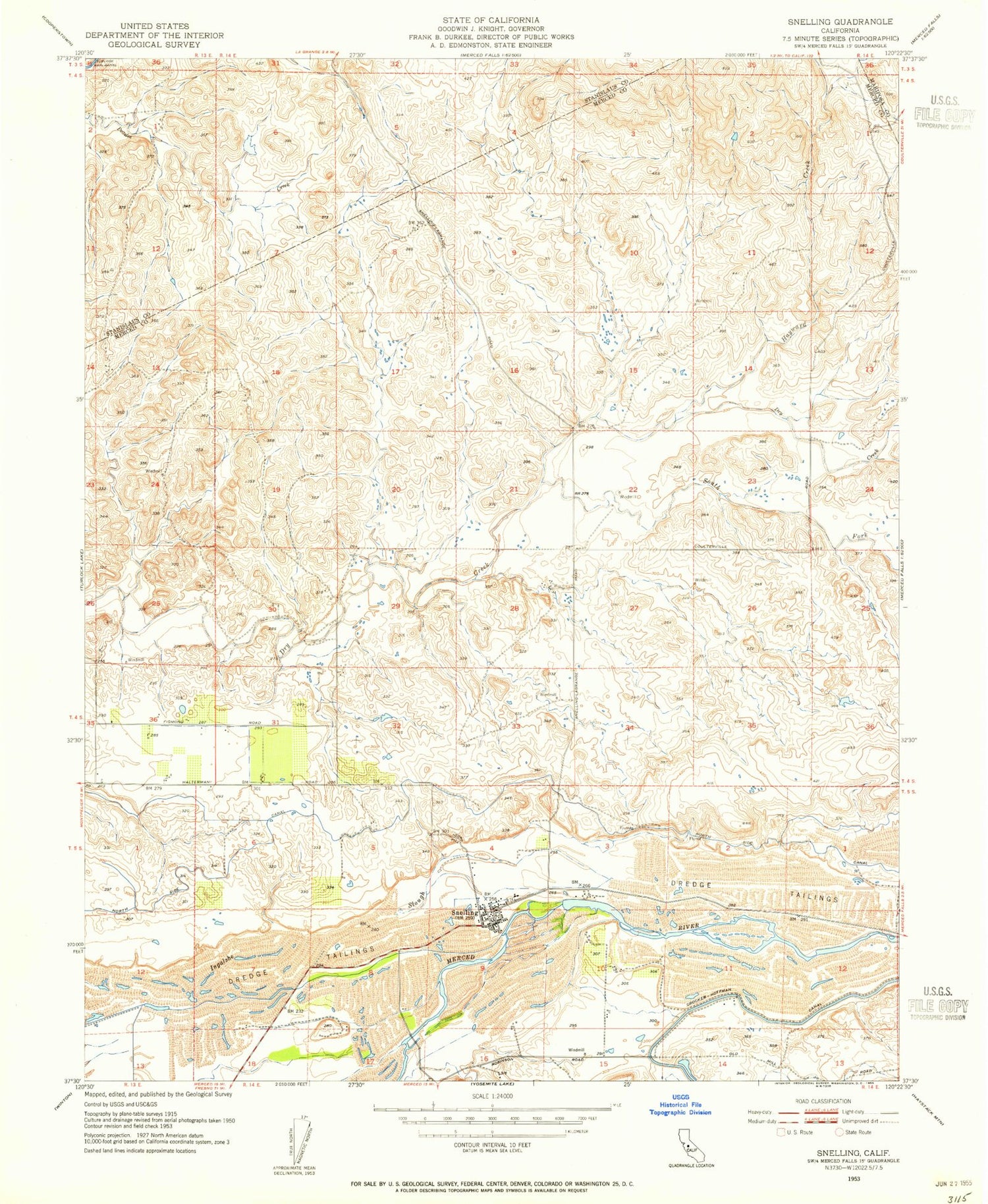 Classic USGS Snelling California 7.5'x7.5' Topo Map Image