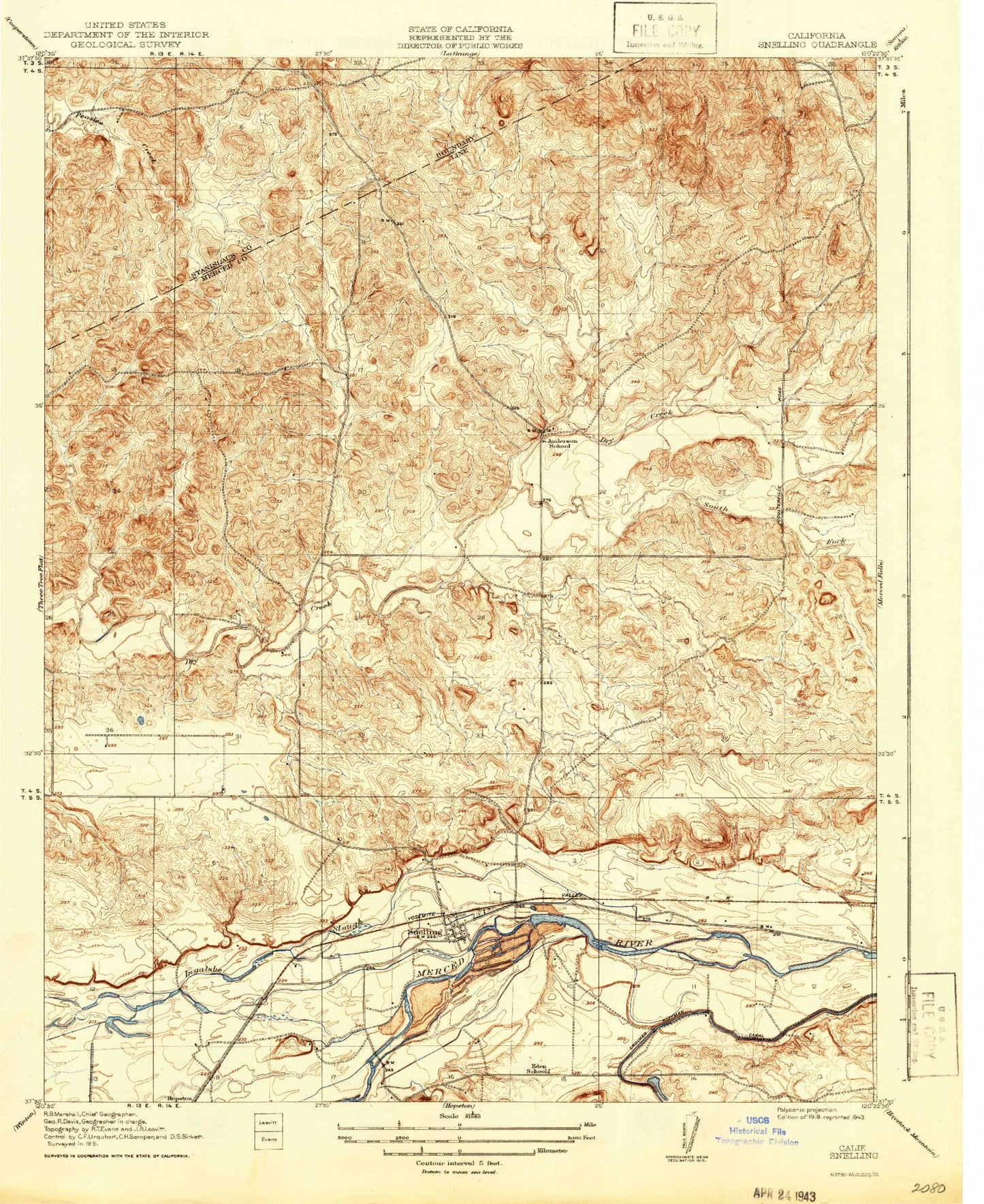 Classic USGS Snelling California 7.5'x7.5' Topo Map Image