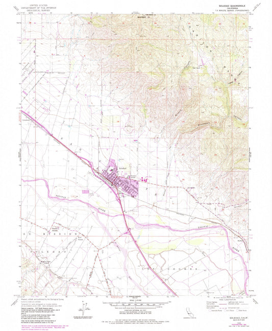 Classic USGS Soledad California 7.5'x7.5' Topo Map Image