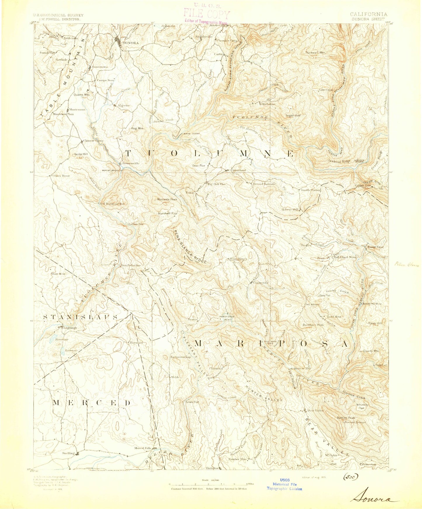 Historic 1893 Sonora California 30'x30' Topo Map Image