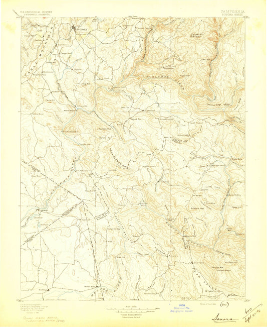 Historic 1896 Sonora California 30'x30' Topo Map Image