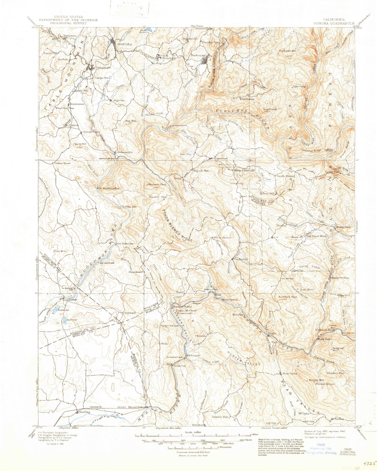 Historic 1897 Sonora California 30'x30' Topo Map Image
