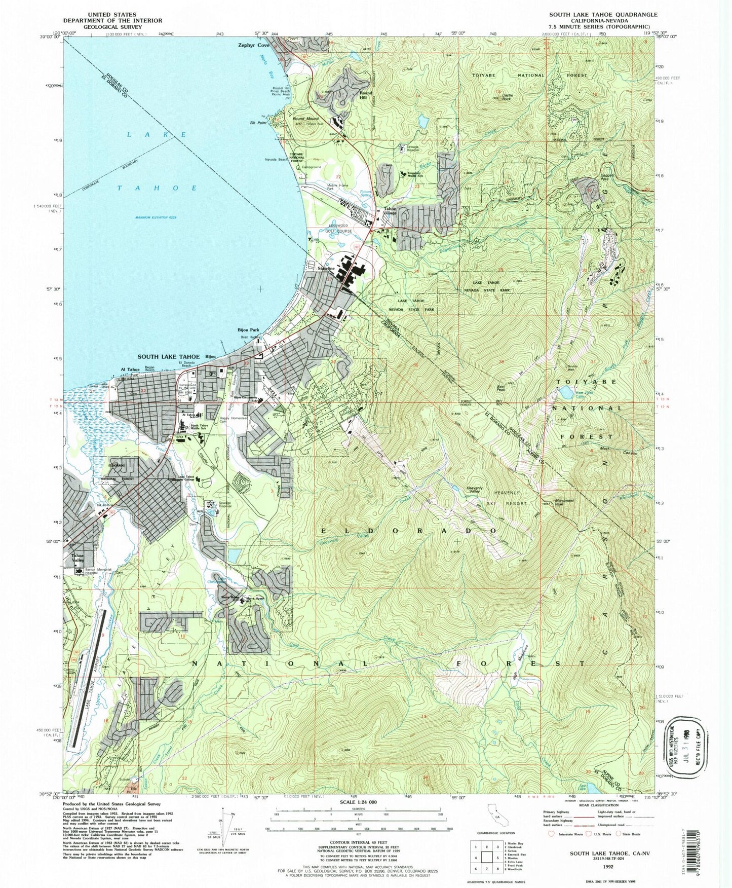 Classic USGS South Lake Tahoe California 7.5'x7.5' Topo Map Image