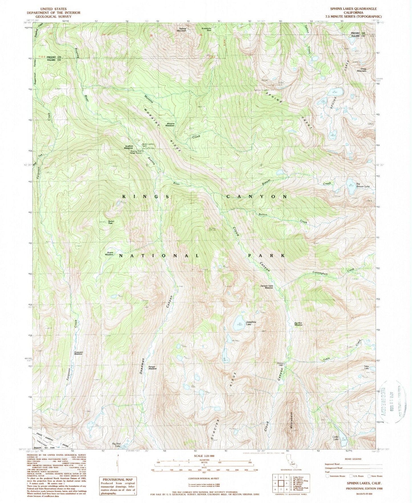 Classic USGS Sphinx Lakes California 7.5'x7.5' Topo Map Image