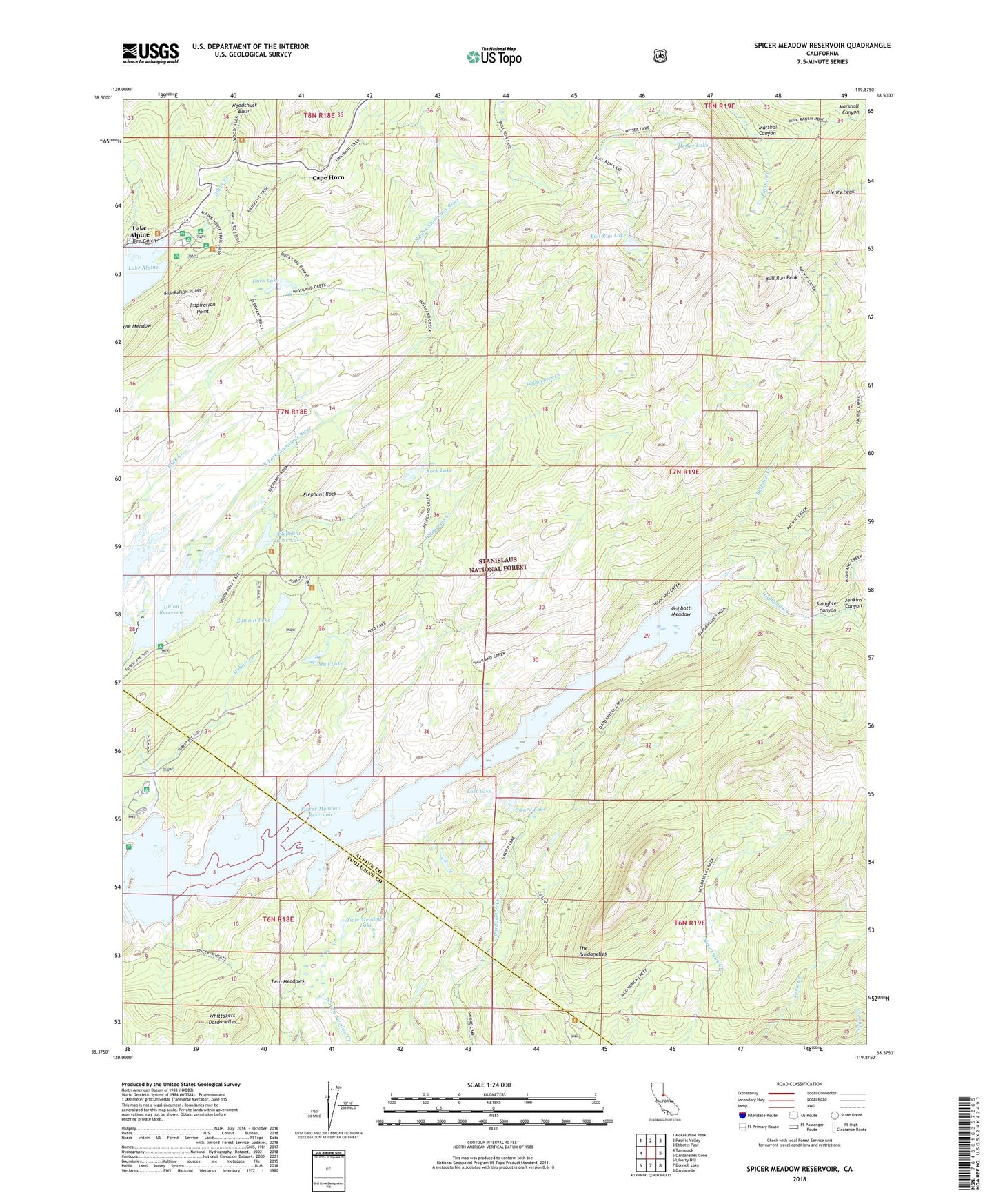 Spicer Meadow Reservoir California US Topo Map Image
