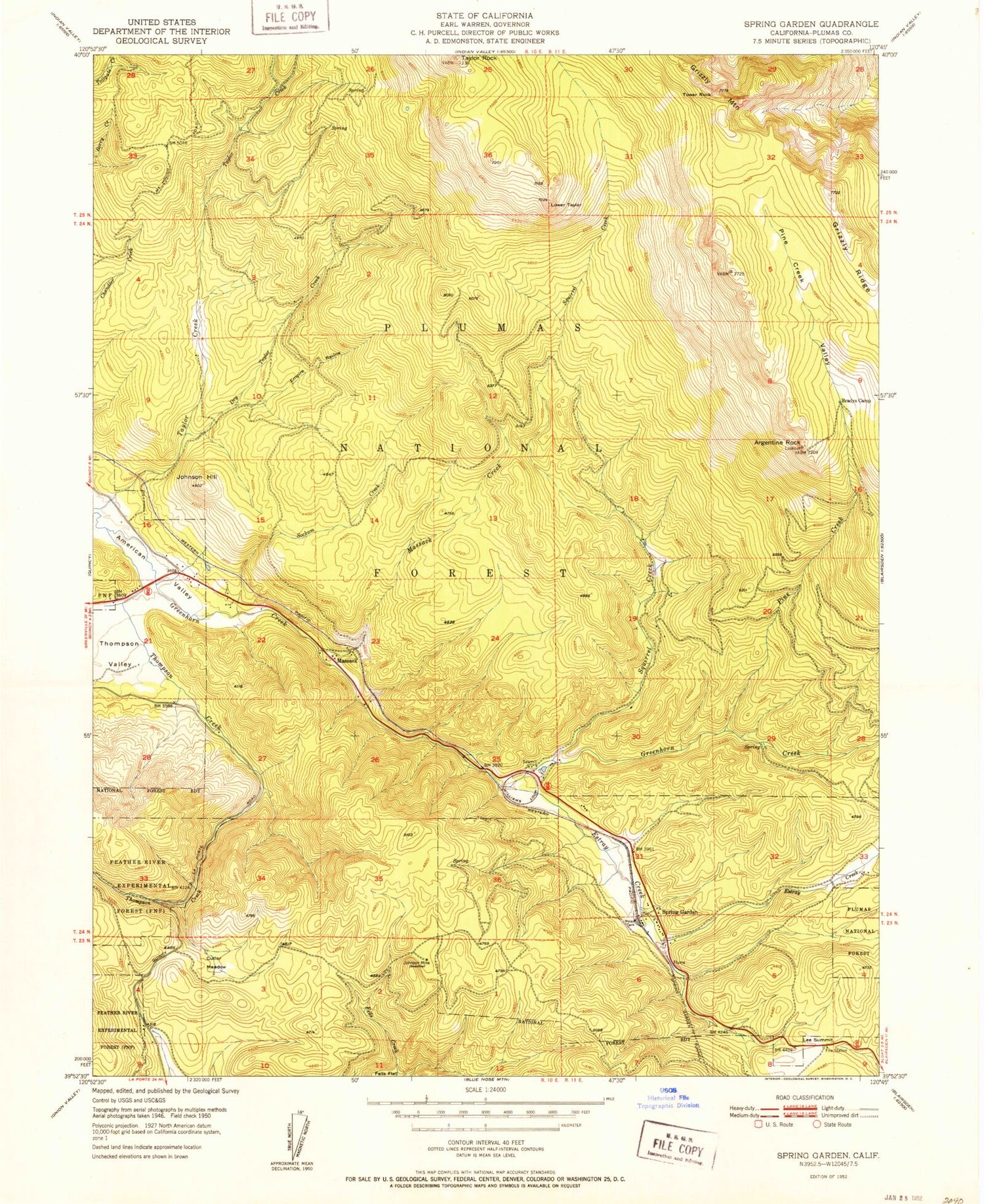 Classic USGS Spring Garden California 7.5'x7.5' Topo Map Image