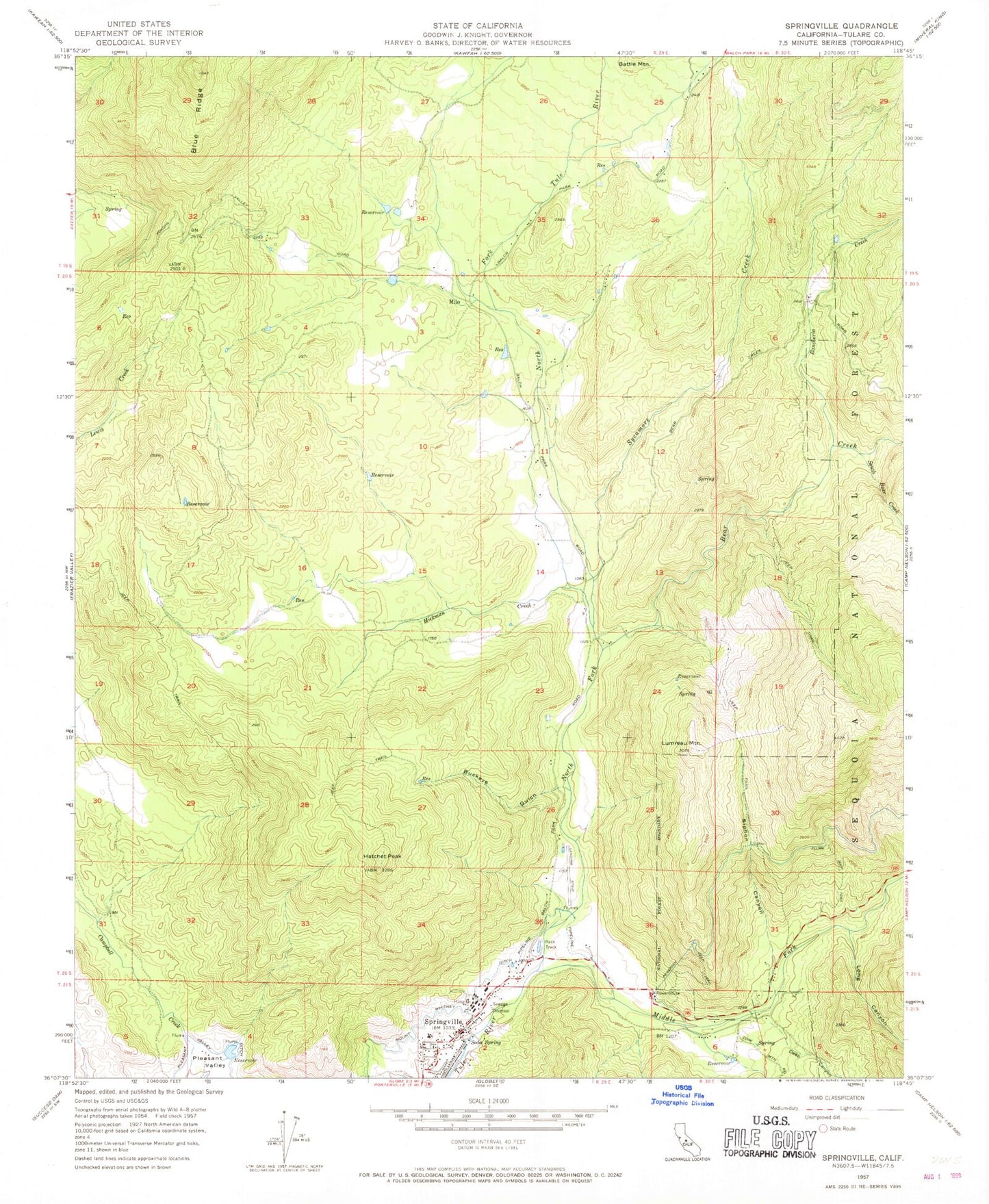 Classic USGS Springville California 7.5'x7.5' Topo Map Image