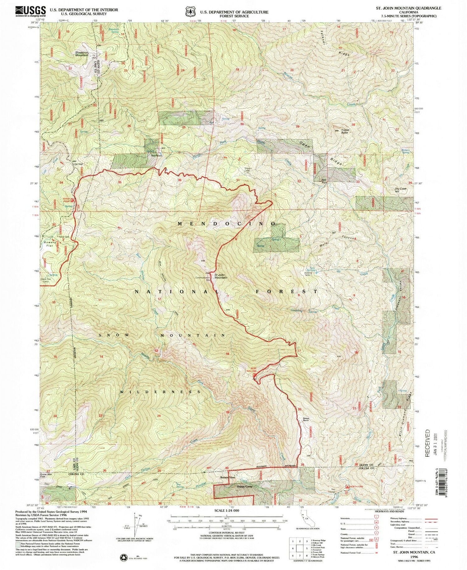 Classic USGS Saint John Mountain California 7.5'x7.5' Topo Map Image