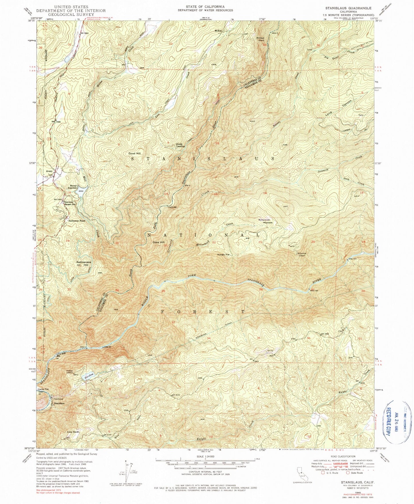 Classic USGS Stanislaus California 7.5'x7.5' Topo Map Image
