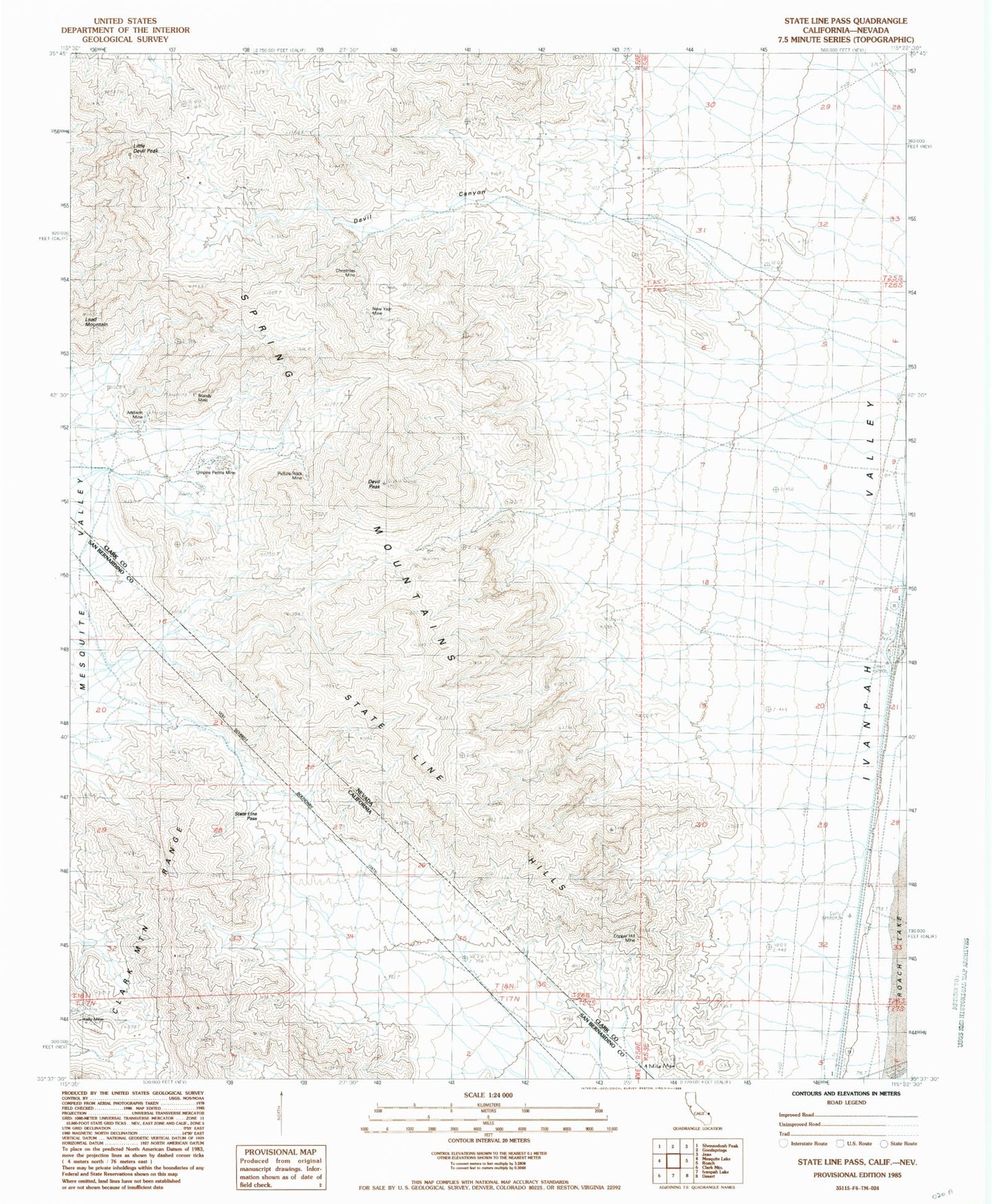 Classic USGS State Line Pass California 7.5'x7.5' Topo Map Image