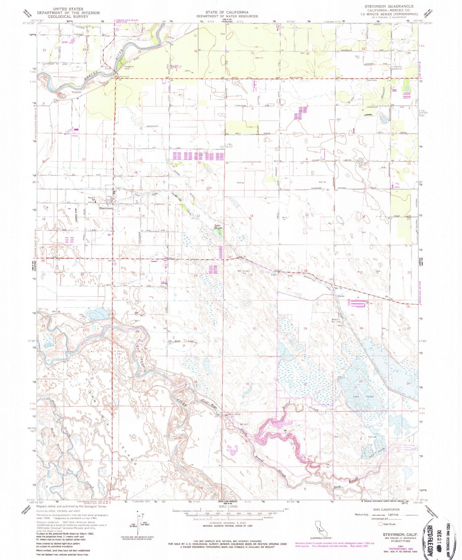 Classic USGS Stevinson California 7.5'x7.5' Topo Map Image