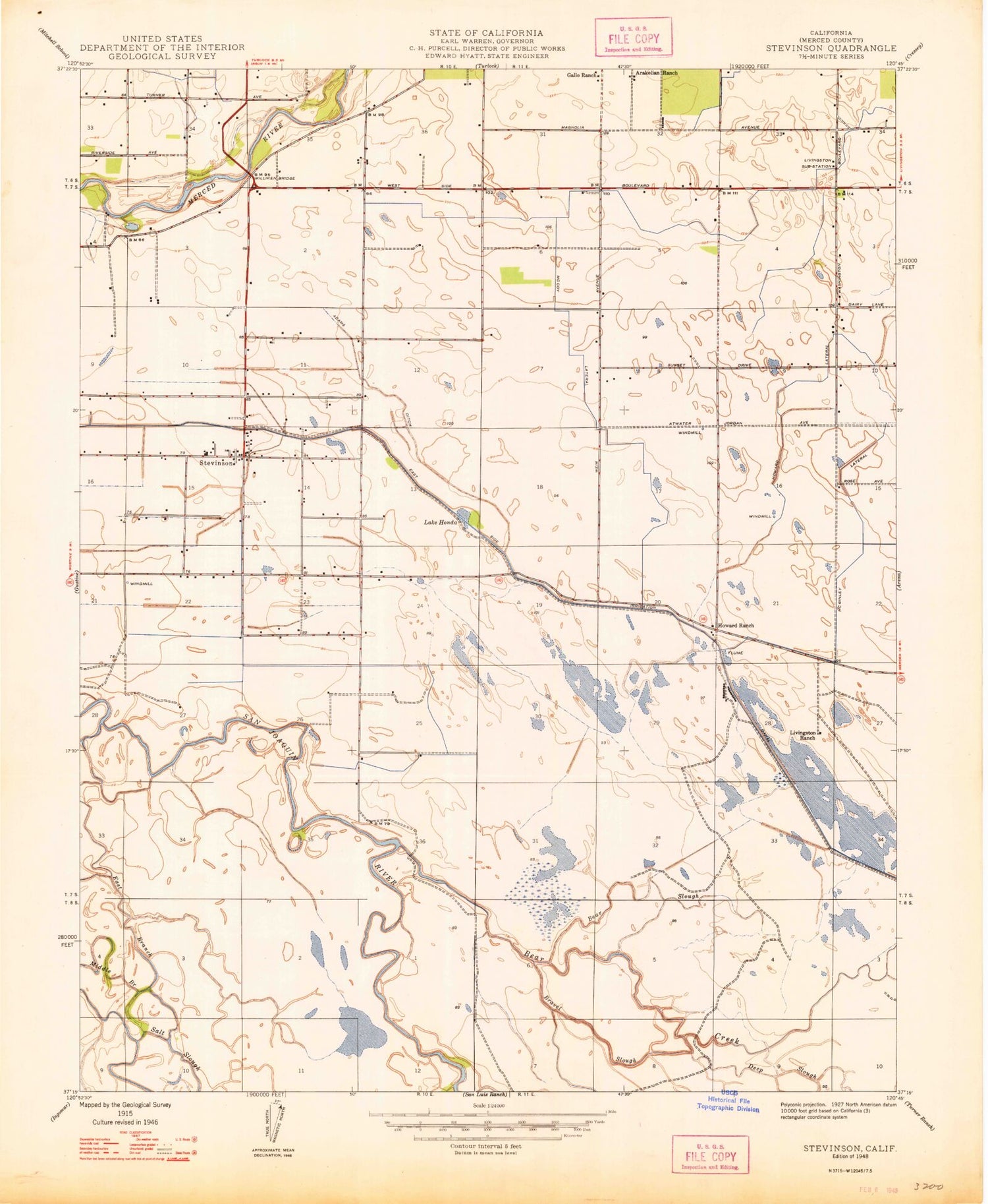 Classic USGS Stevinson California 7.5'x7.5' Topo Map Image