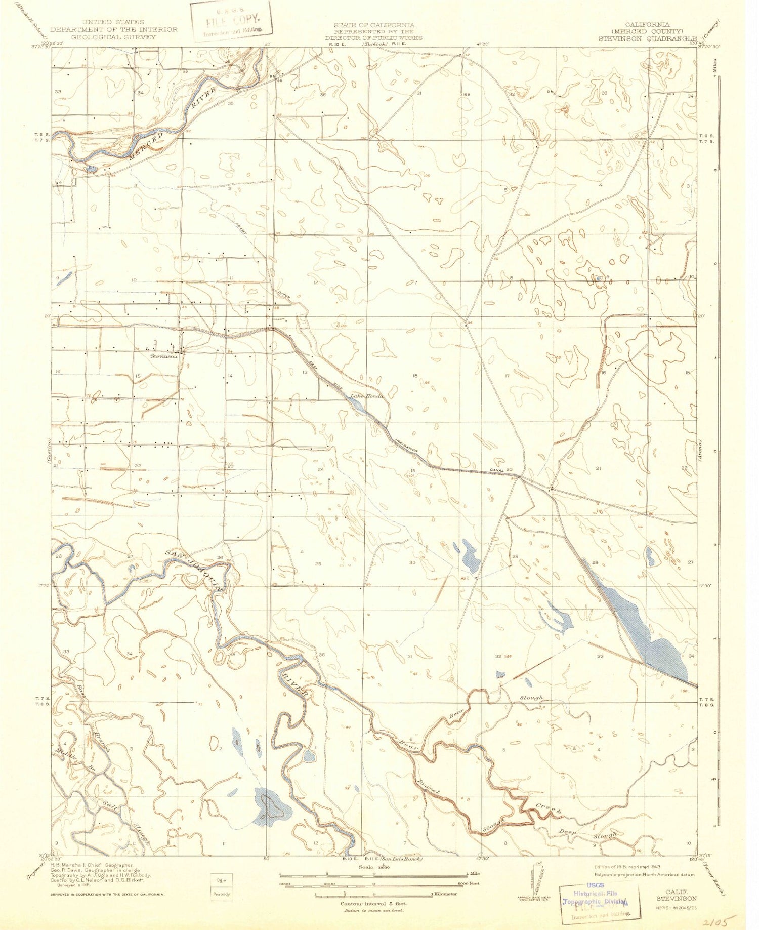 Classic USGS Stevinson California 7.5'x7.5' Topo Map Image
