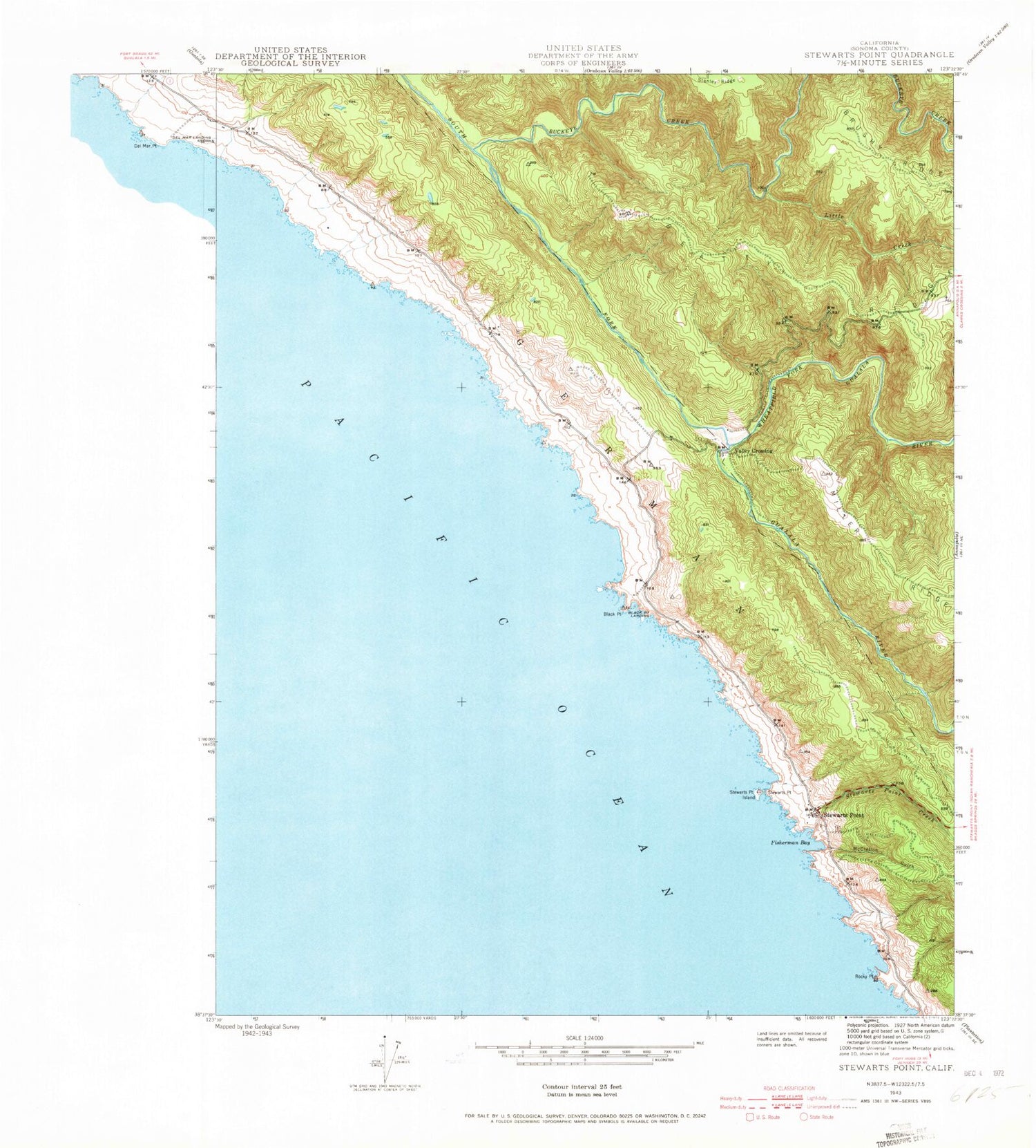 Classic USGS Stewarts Point California 7.5'x7.5' Topo Map Image