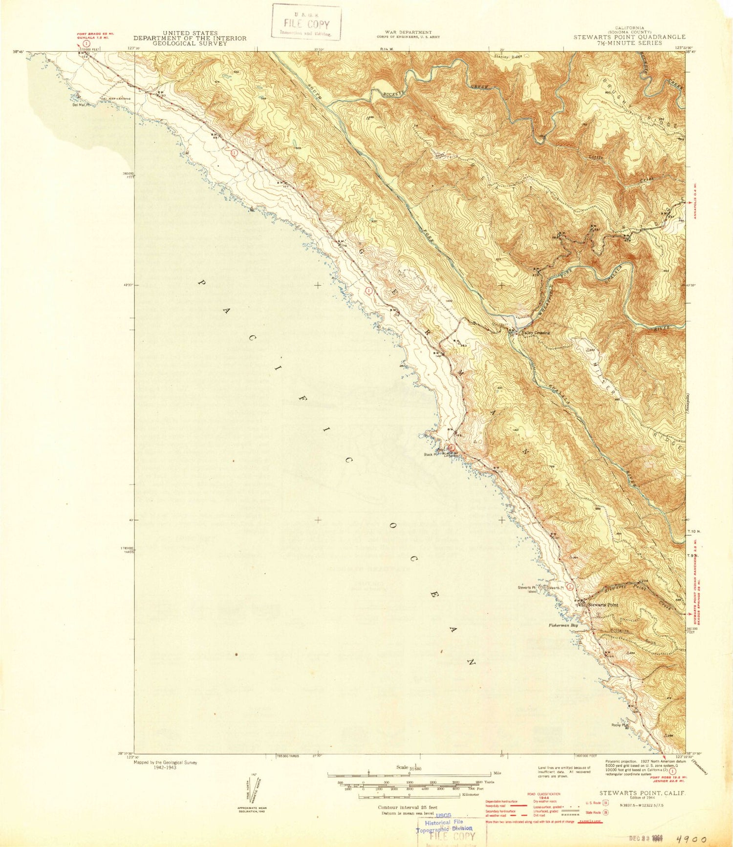 Classic USGS Stewarts Point California 7.5'x7.5' Topo Map Image