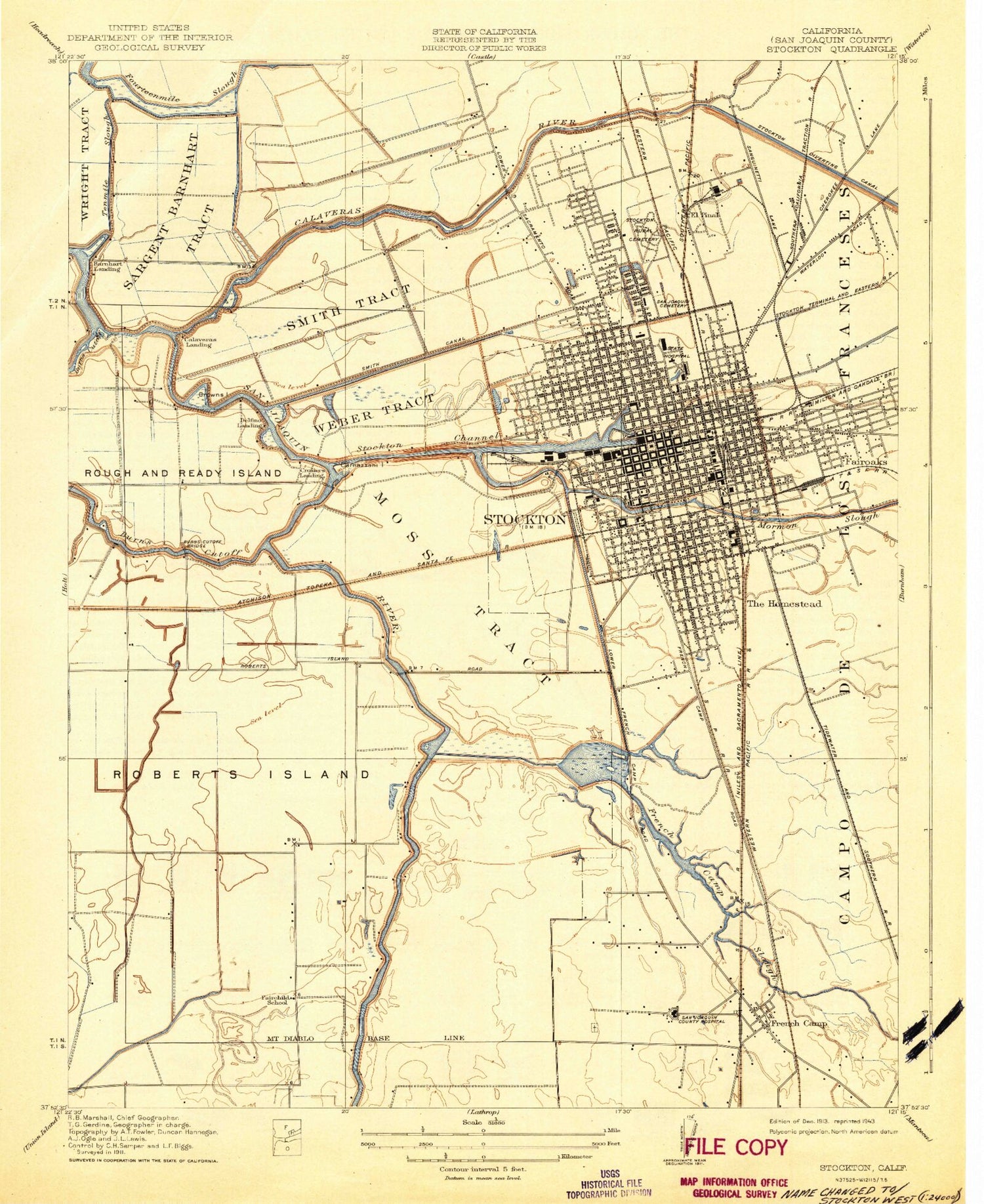 Classic USGS Stockton West California 7.5'x7.5' Topo Map Image