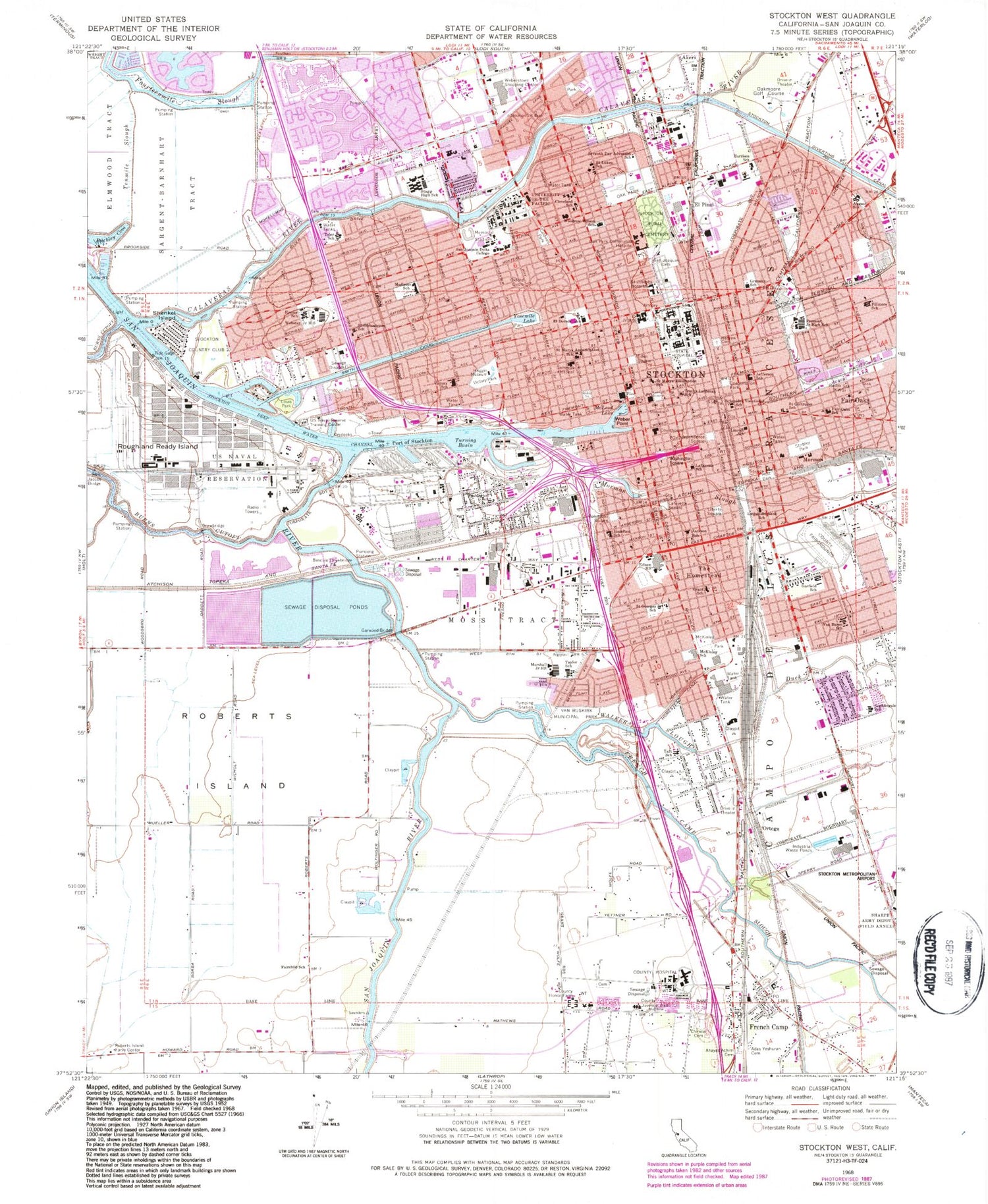 Classic USGS Stockton West California 7.5'x7.5' Topo Map Image