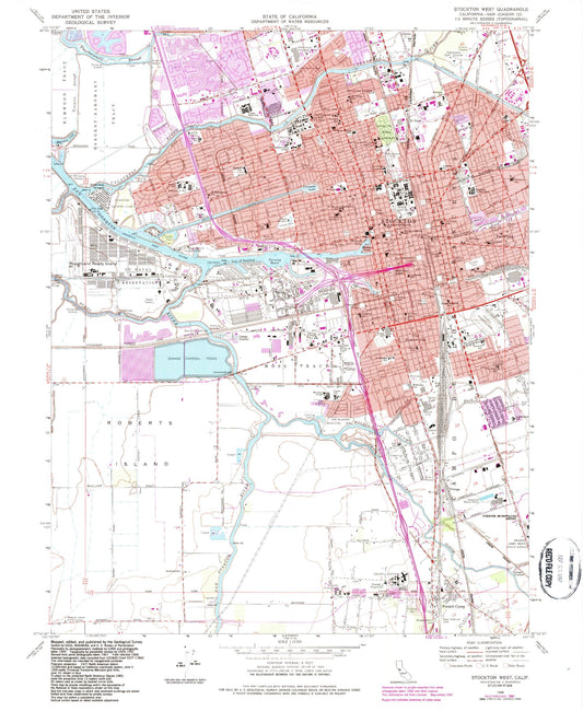 Classic USGS Stockton West California 7.5'x7.5' Topo Map Image