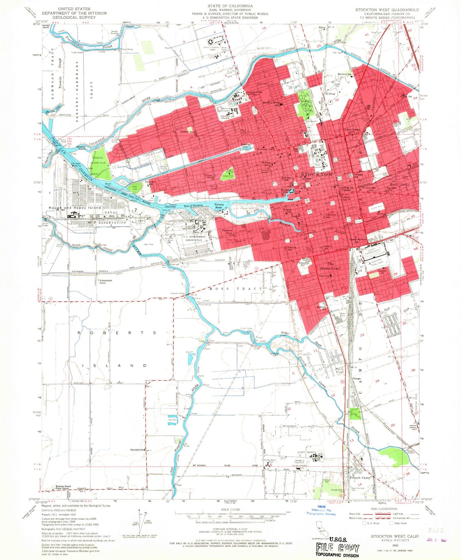 Classic USGS Stockton West California 7.5'x7.5' Topo Map Image