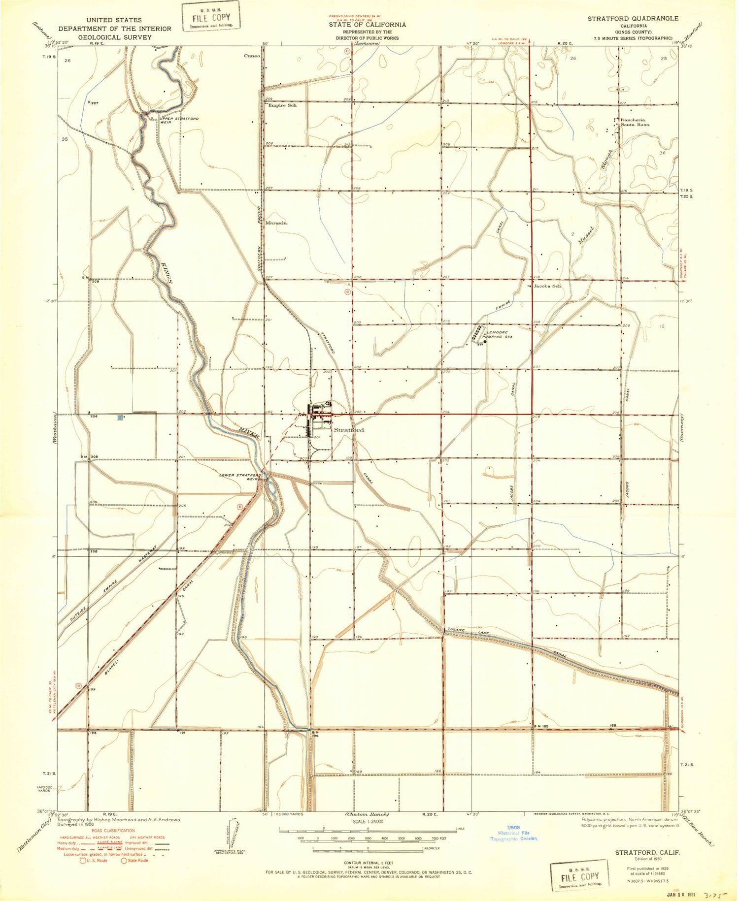 Classic USGS Stratford California 7.5'x7.5' Topo Map Image