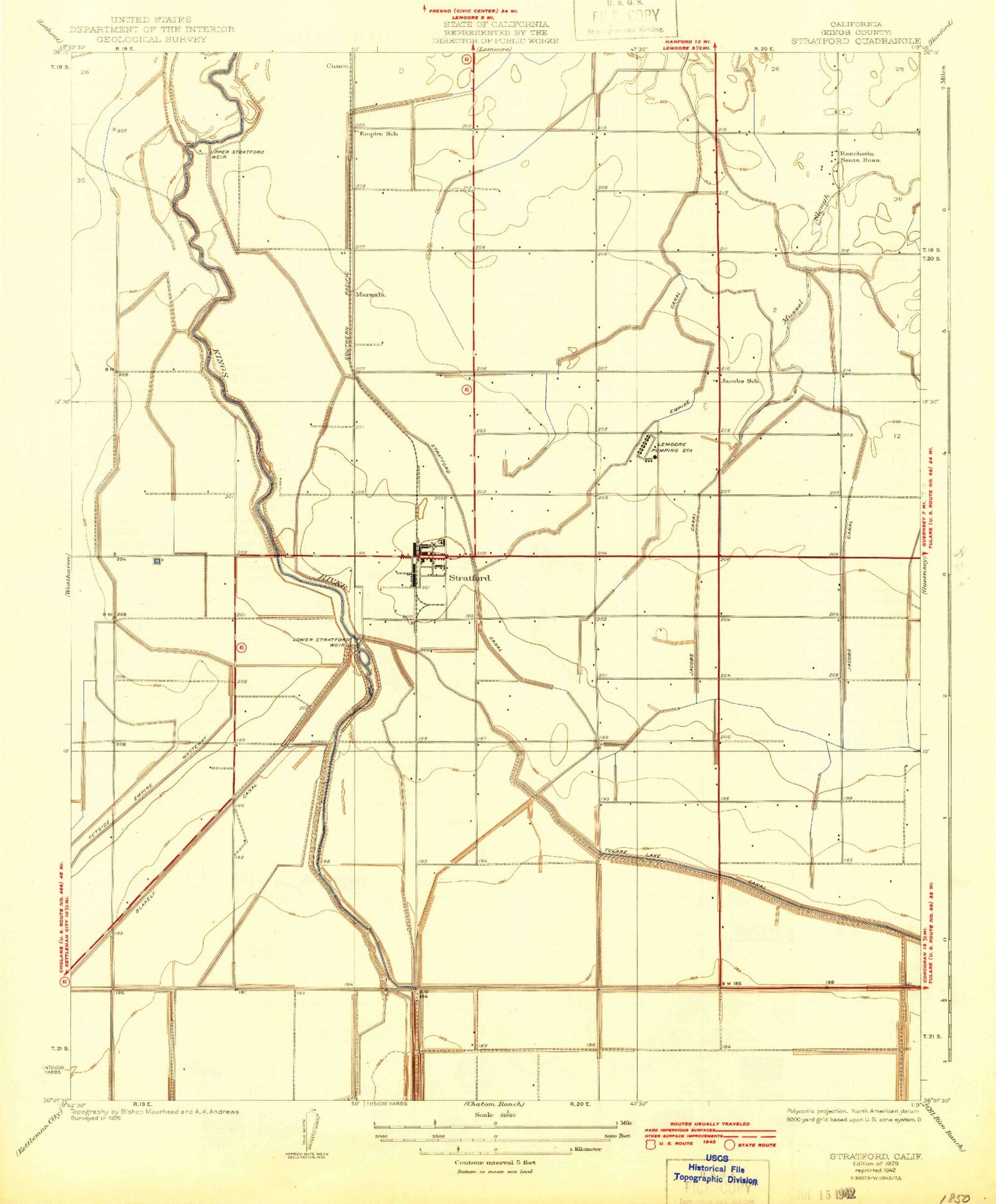 Classic USGS Stratford California 7.5'x7.5' Topo Map Image